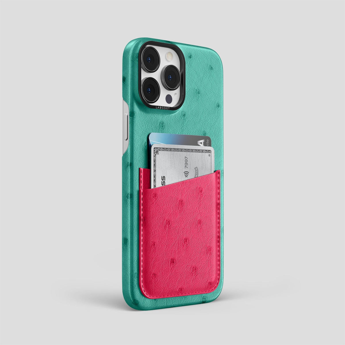 Green-Bordeaux iPhone 13 Pro Card Case Colore Ostrich with Black Metal -2 | Bordeaux-Black-Black