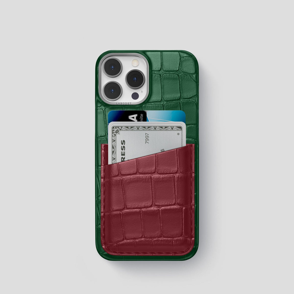 Green-Burgundy iPhone 13 Pro Card Case Alligator with Steel Metal -1 | Green-Burgundy-Steel