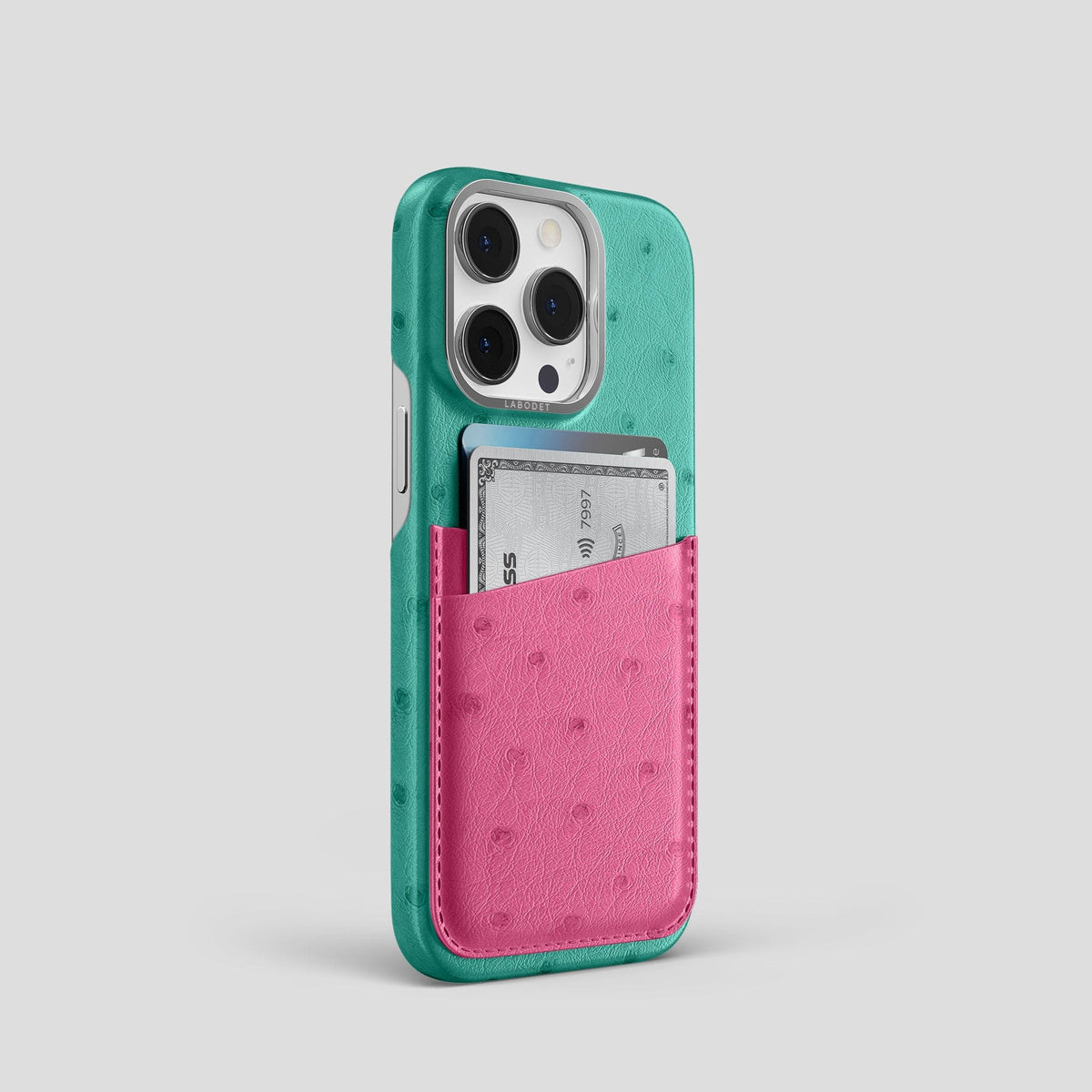 Green-Petal-Pink iPhone 13 Pro Card Case Colore Ostrich with Steel Metal -2 | Green-Petal-Pink-Steel