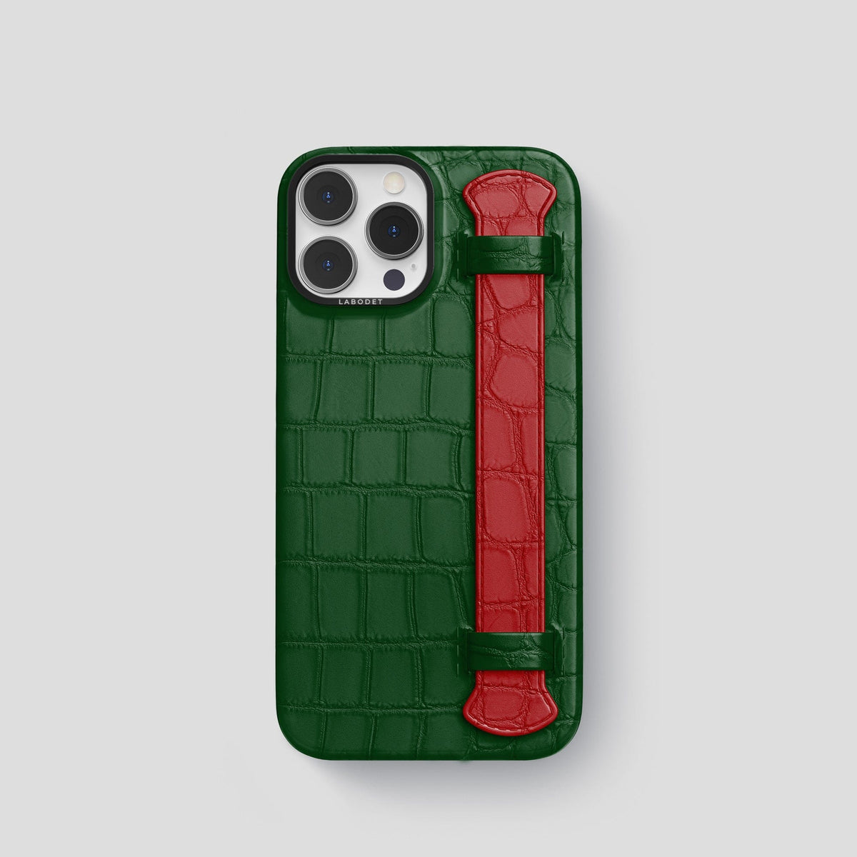 Green-Red iPhone 13 Pro Strap Case Alligator with Black Metal -1 | Green-Red-Black
