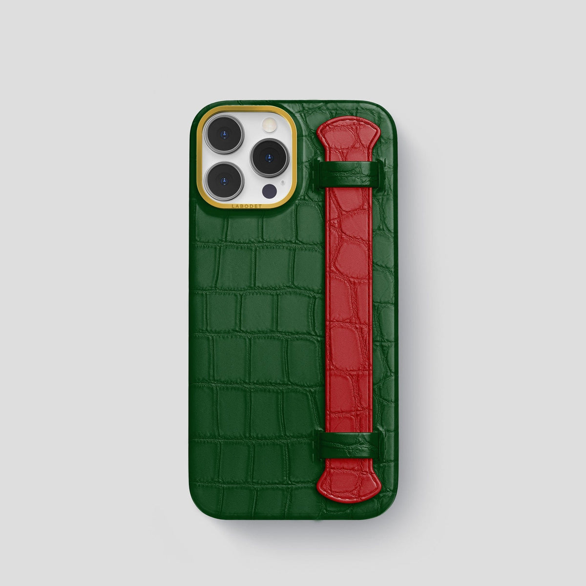 Green-Red iPhone 13 Pro Strap Case Alligator with Gold Metal -1 | Green-Red-Gold