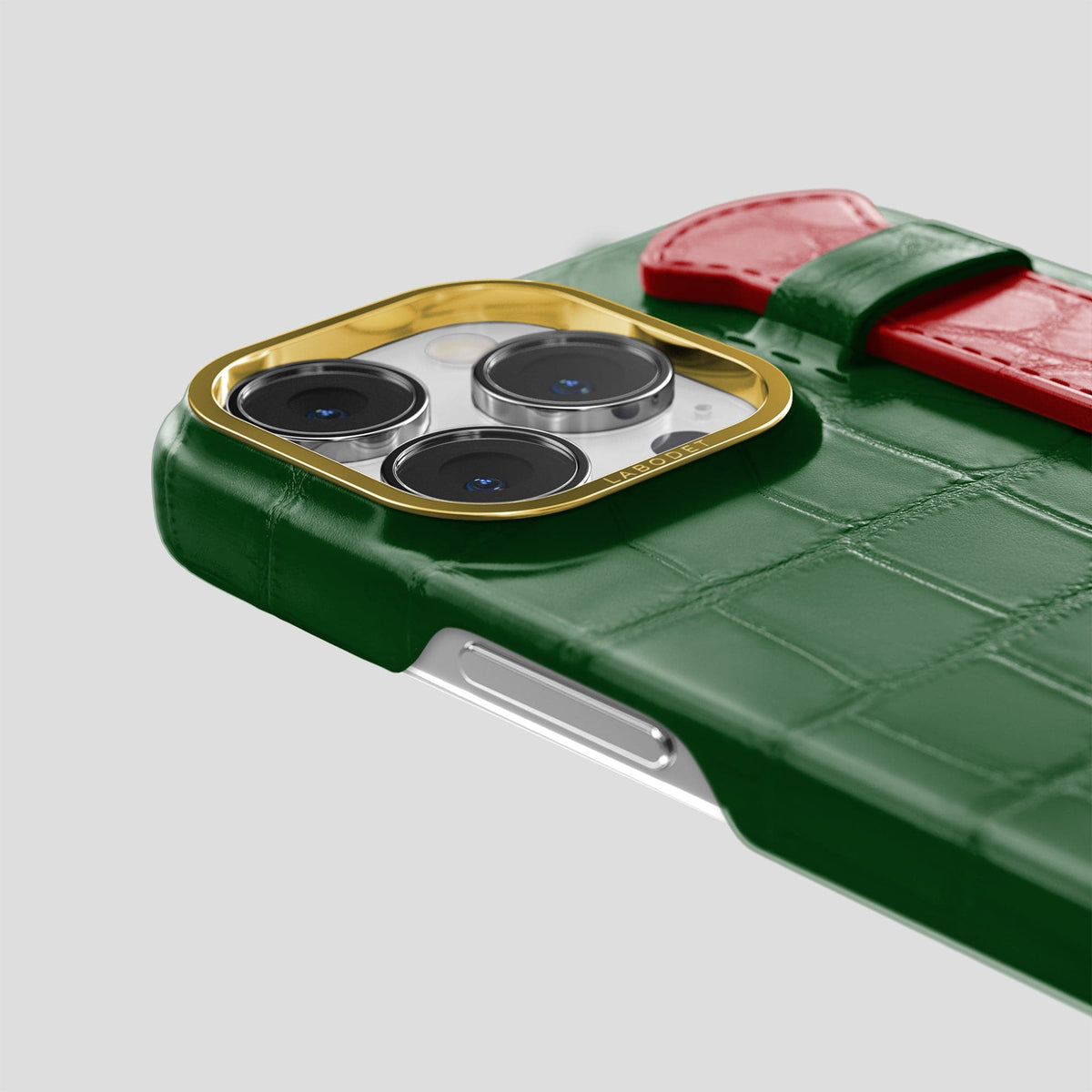 Green-Red iPhone 13 Pro Strap Case Alligator with Gold Metal -5 | Green-Red-Gold