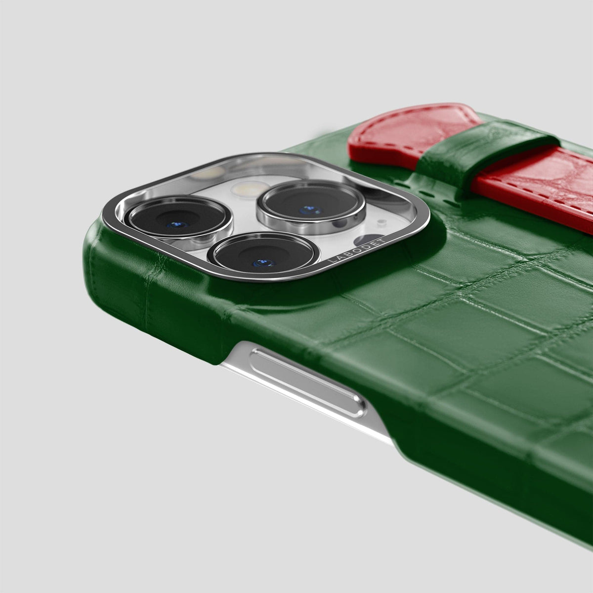 Green-Red iPhone 13 Pro Strap Case Alligator with Steel Metal -5 | Green-Red-Steel