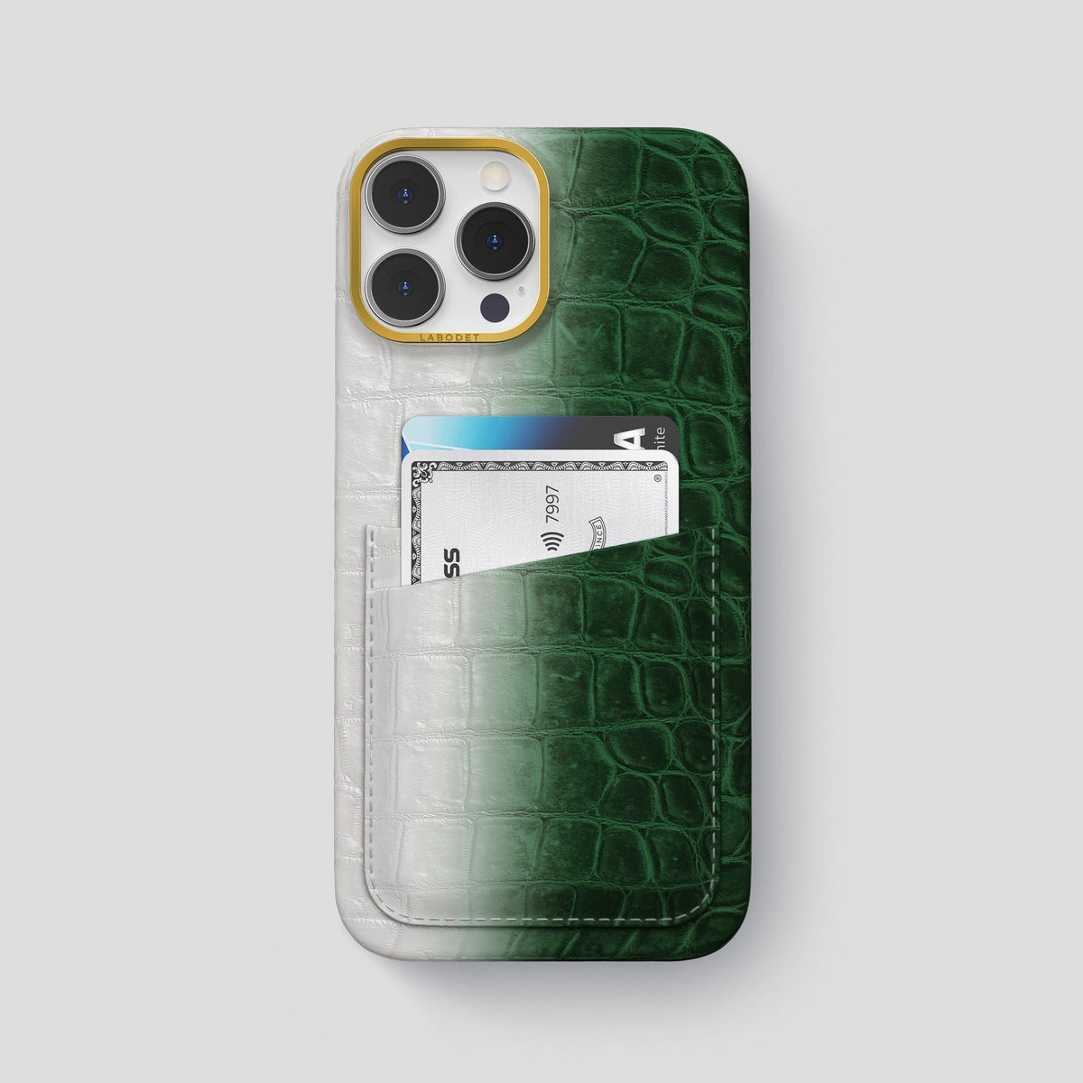Green iPhone 13 Pro Max Himalaya Card Case with Gold Metal -1 | Green-Gold