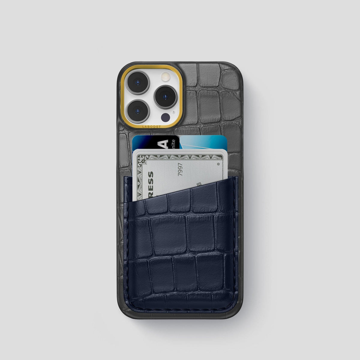 Grey-Navy-Blue iPhone 13 Pro Card Case Alligator with Gold Metal -1 | Grey-Navy-Blue-Gold