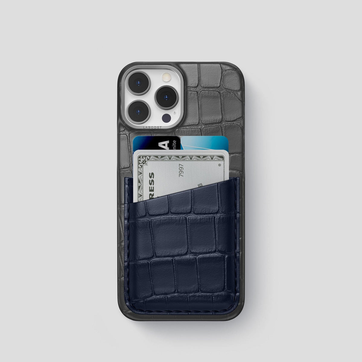 Grey-Navy-Blue iPhone 13 Pro Card Case Alligator with Steel Metal -1 | Grey-Navy-Blue-Steel