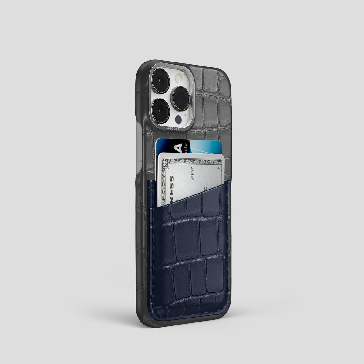 Grey-Navy-Blue iPhone 13 Pro Card Case Alligator with Steel Metal -2 | Grey-Navy-Blue-Steel