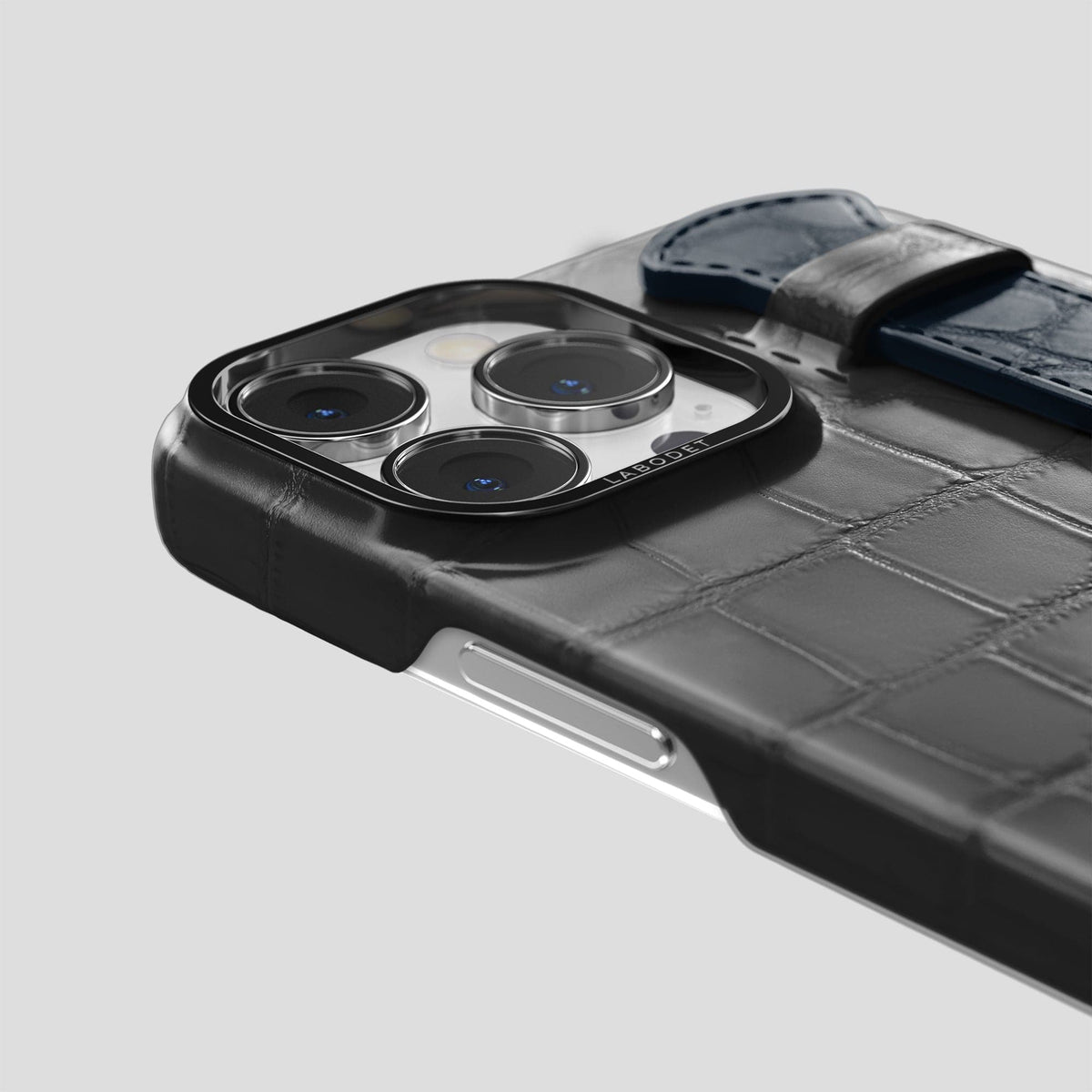 Grey-Navy-Blue iPhone 13 Pro Max Strap Case Alligator with Black Metal -5 | Grey-Navy-Blue-Black