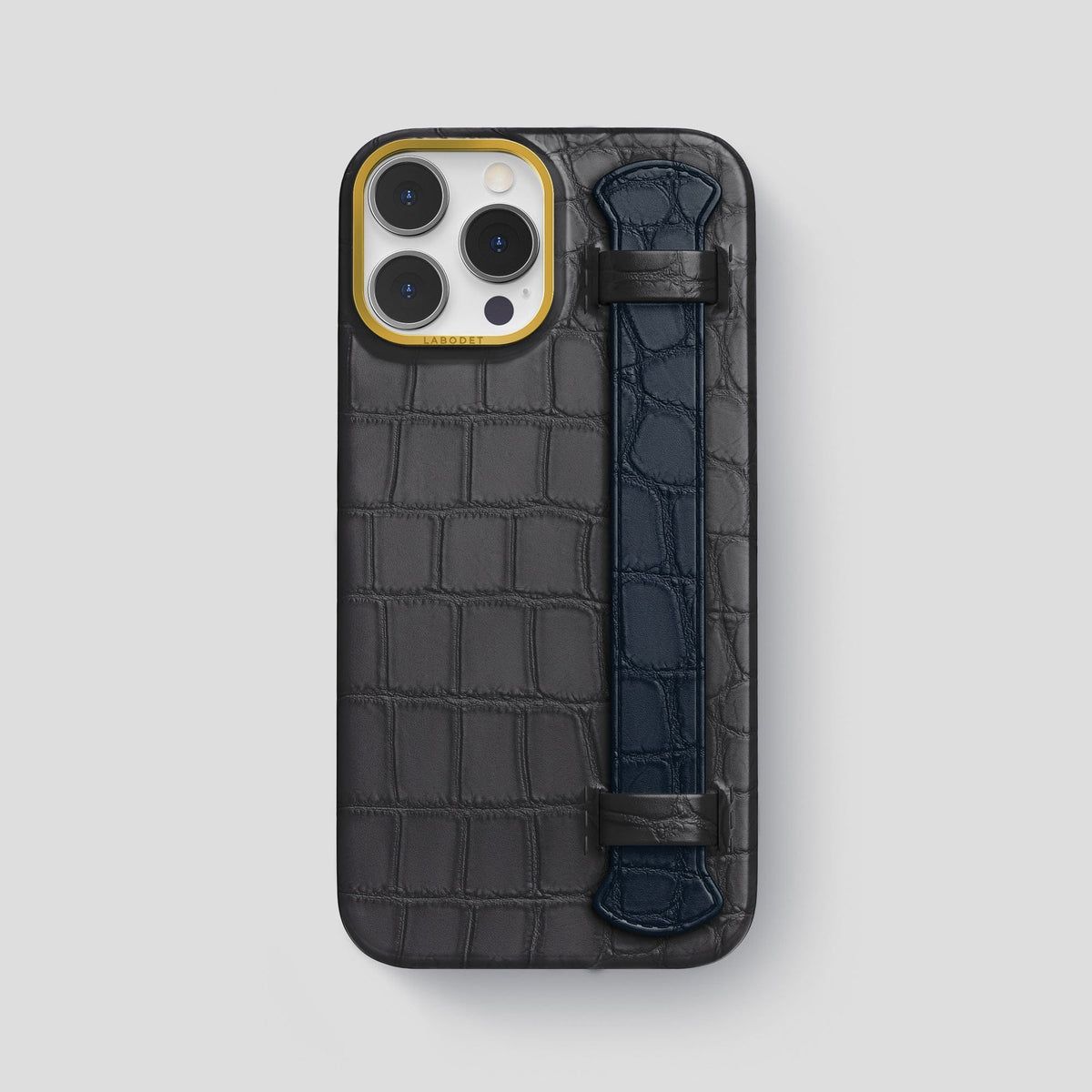 Grey-Navy-Blue iPhone 13 Pro Max Strap Case Alligator with Gold Metal -1 | Grey-Navy-Blue-Gold