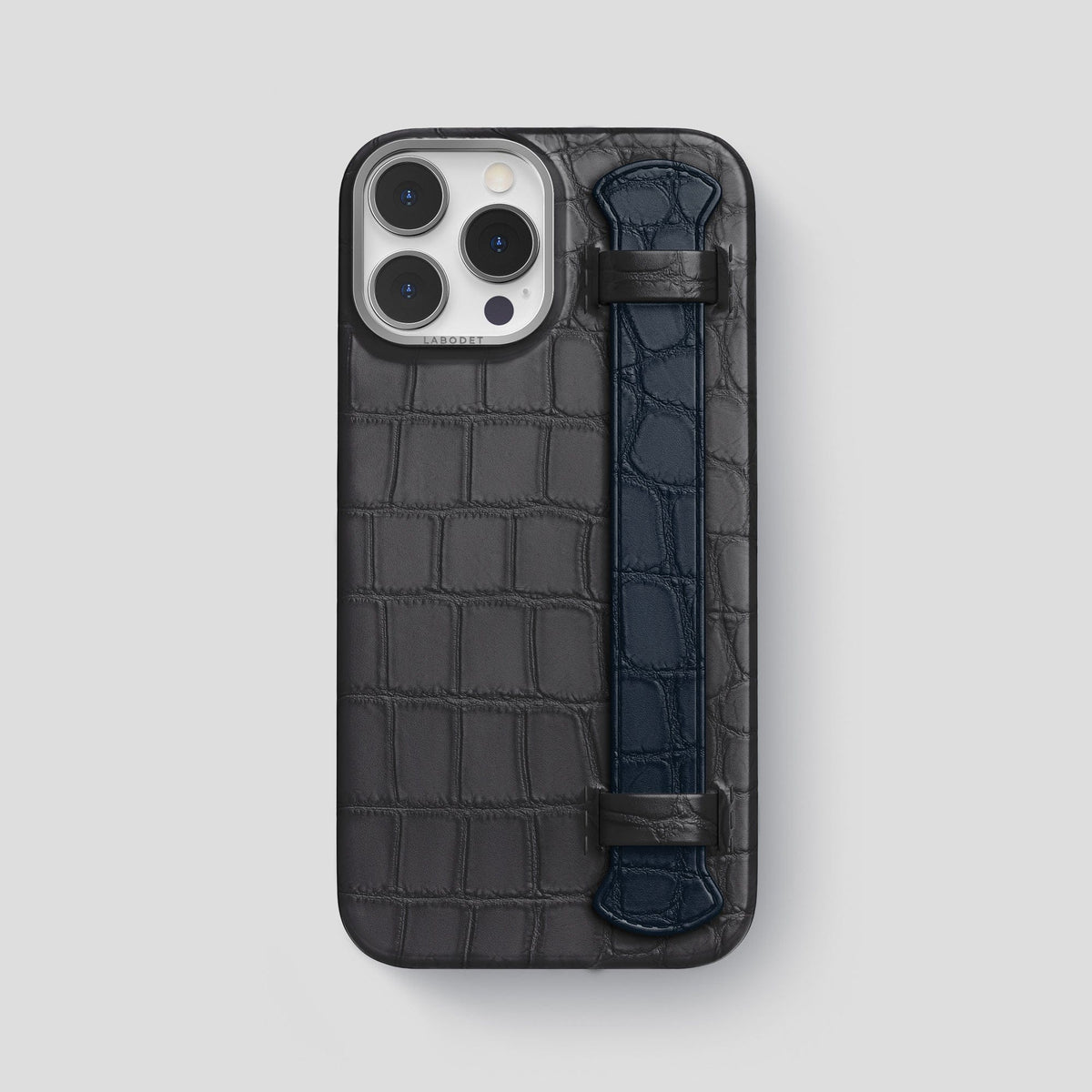 Grey-Navy-Blue iPhone 13 Pro Max Strap Case Alligator with Steel Metal -1 | Grey-Navy-Blue-Steel