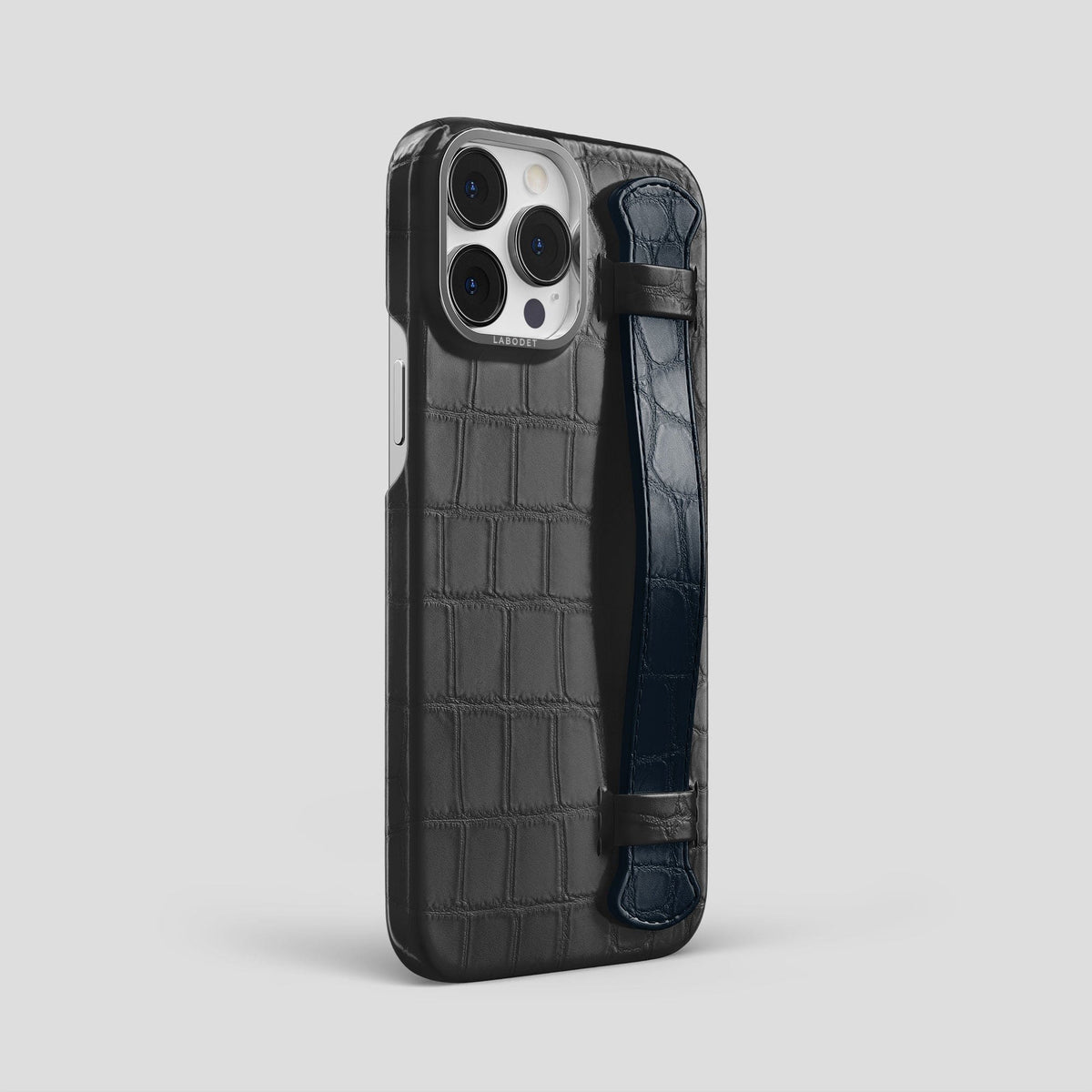 Grey-Navy-Blue iPhone 13 Pro Max Strap Case Alligator with Steel Metal -2 | Grey-Navy-Blue-Steel