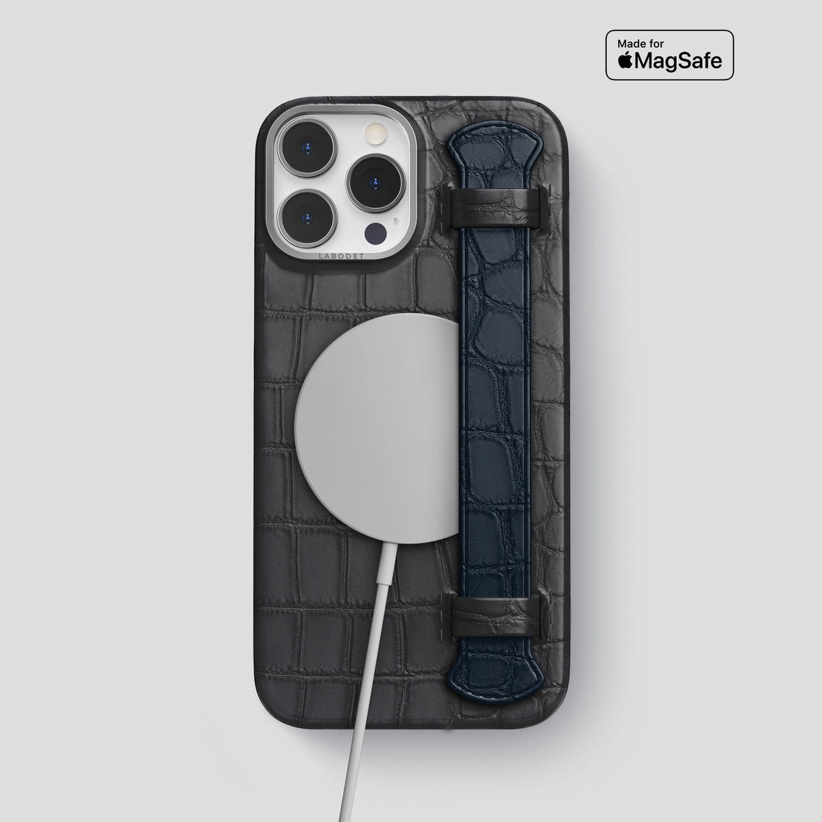Grey-Navy-Blue iPhone 13 Pro Max Strap Case Alligator with Steel Metal -4 | Grey-Navy-Blue-Steel