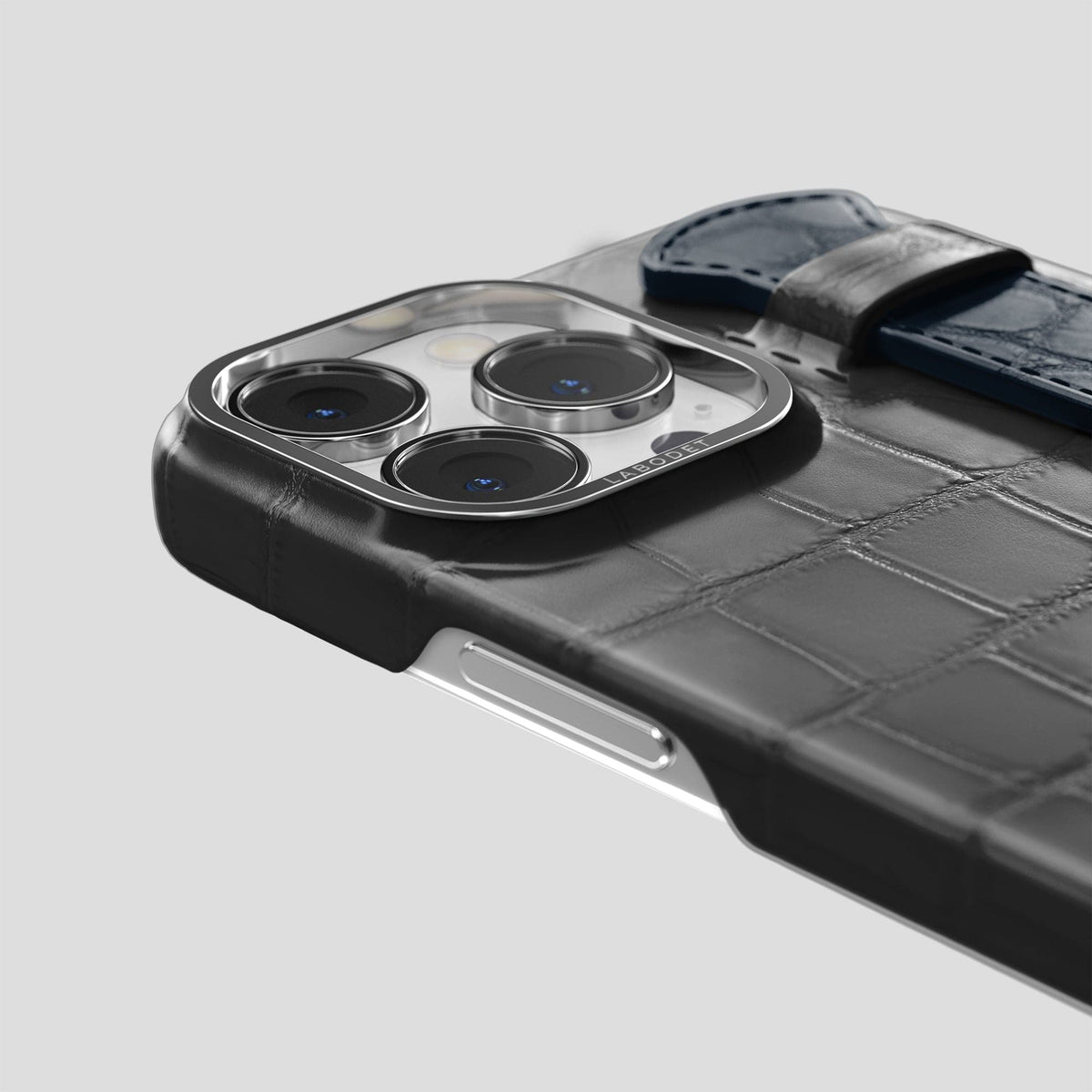 Grey-Navy-Blue iPhone 13 Pro Max Strap Case Alligator with Steel Metal -5 | Grey-Navy-Blue-Steel
