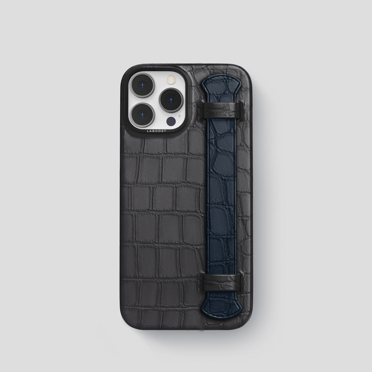 Grey-Navy-Blue iPhone 13 Pro Strap Case Alligator with Black Metal -1 | Grey-Navy-Blue-Black
