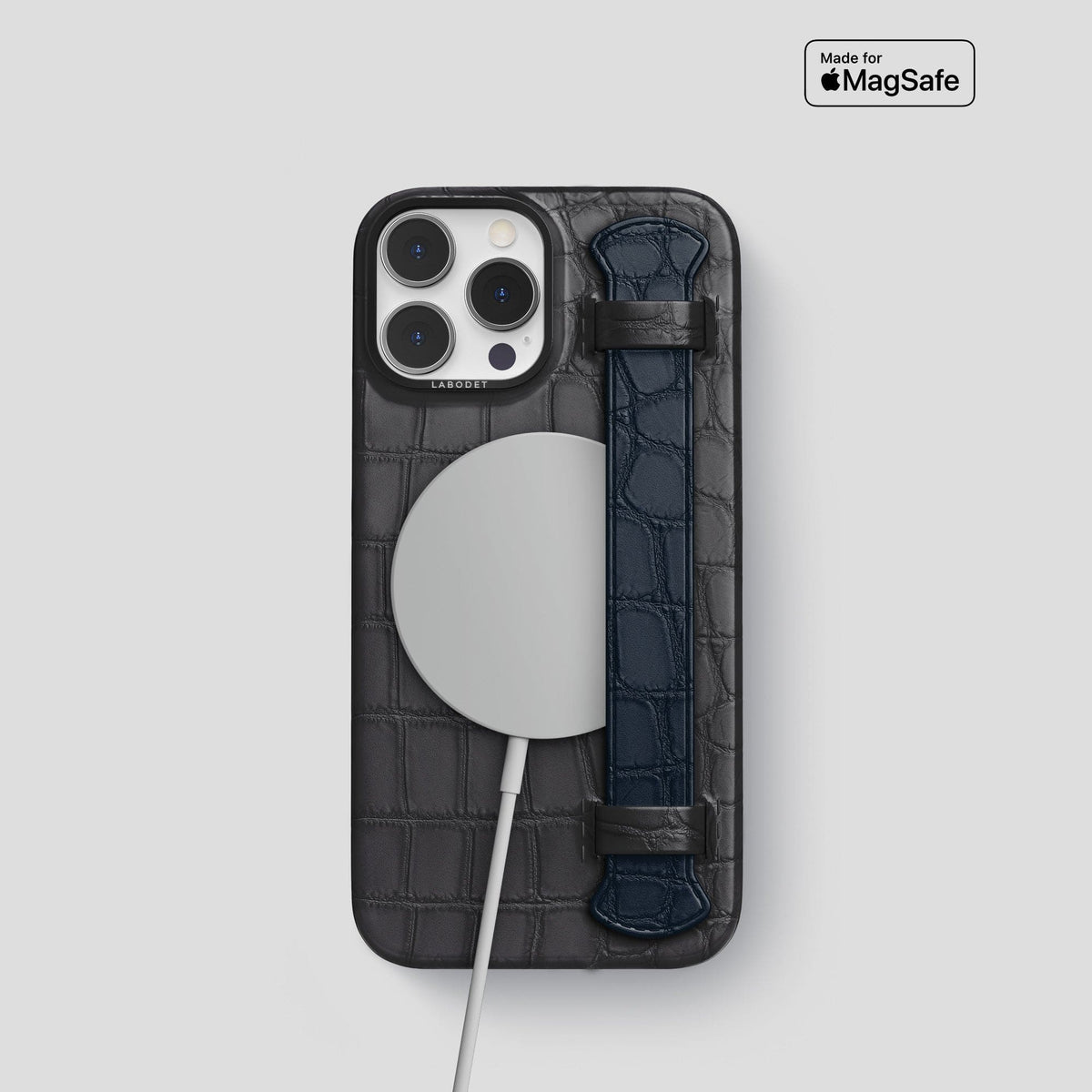 Grey-Navy-Blue iPhone 13 Pro Strap Case Alligator with Black Metal -4 | Grey-Navy-Blue-Black