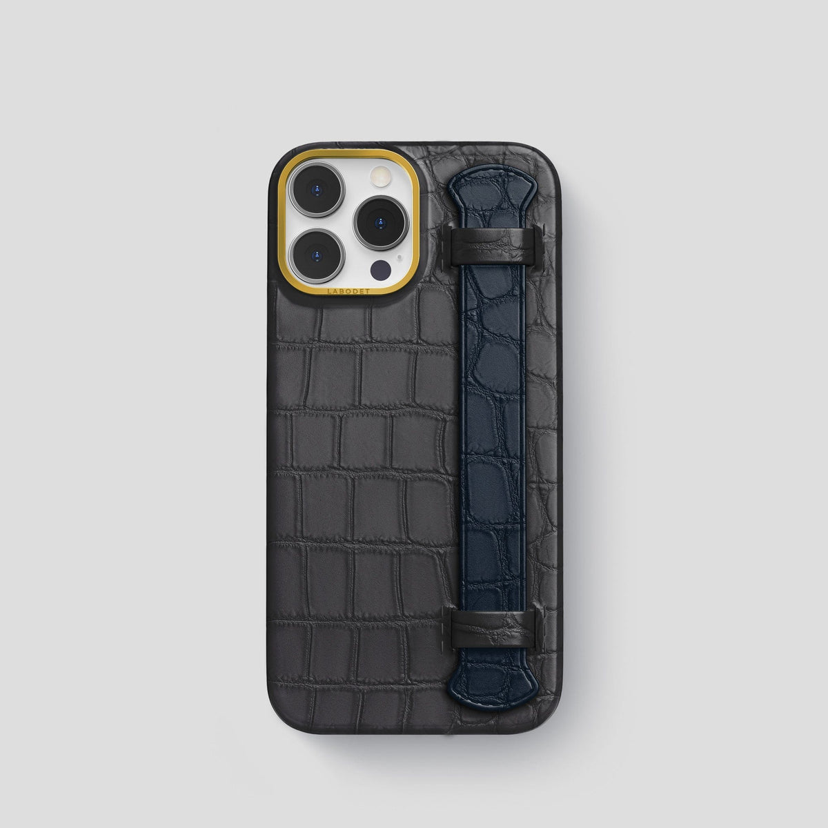 Grey-Navy-Blue iPhone 13 Pro Strap Case Alligator with Gold Metal -1 | Grey-Navy-Blue-Gold