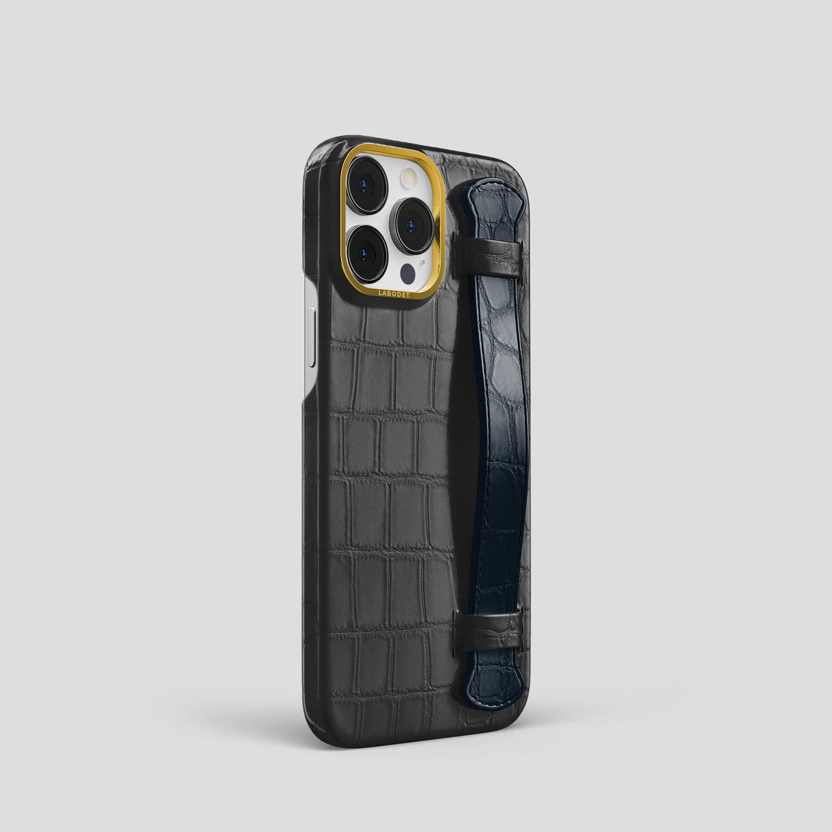 Grey-Navy-Blue iPhone 13 Pro Strap Case Alligator with Gold Metal -2 | Grey-Navy-Blue-Gold