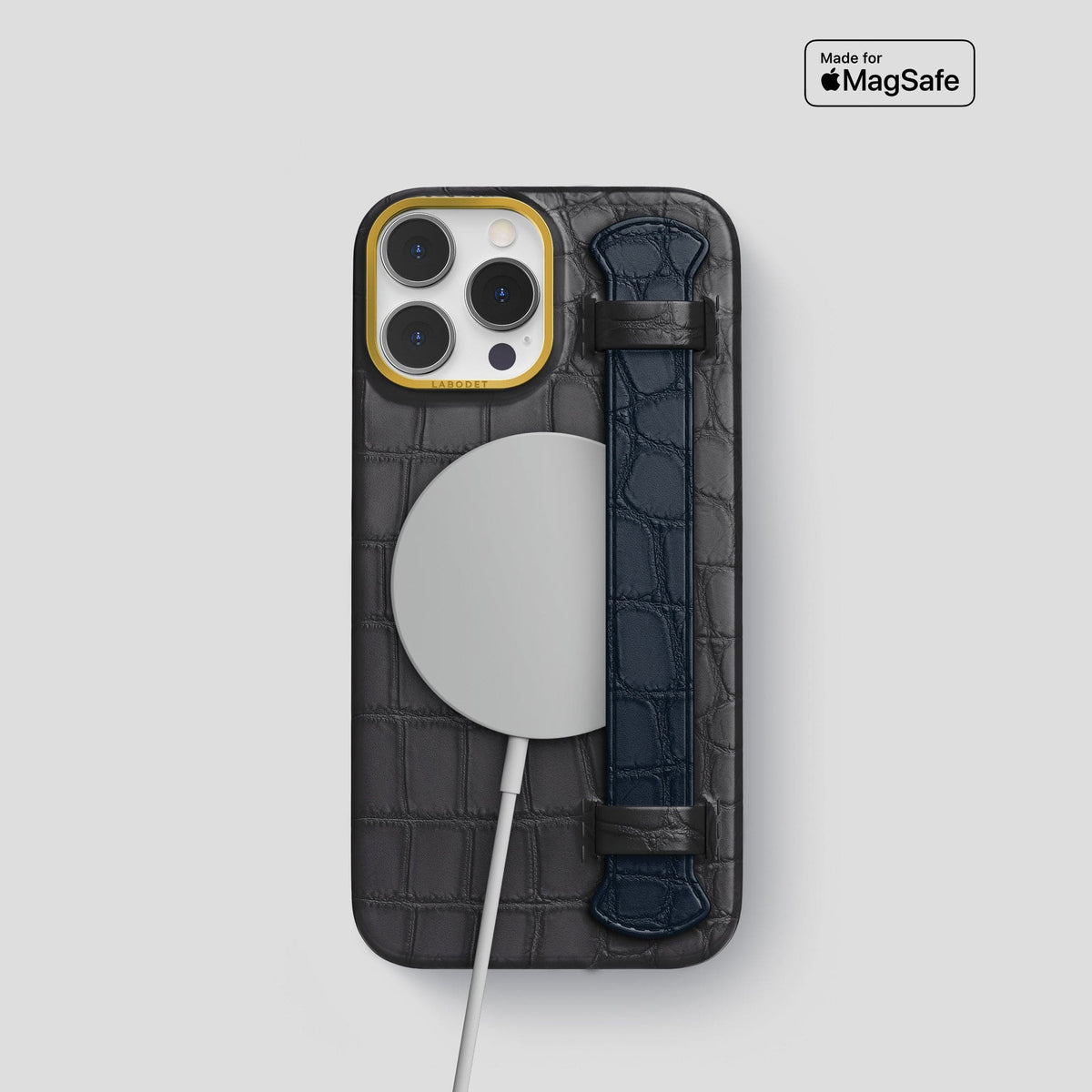 Grey-Navy-Blue iPhone 13 Pro Strap Case Alligator with Gold Metal -4 | Grey-Navy-Blue-Gold