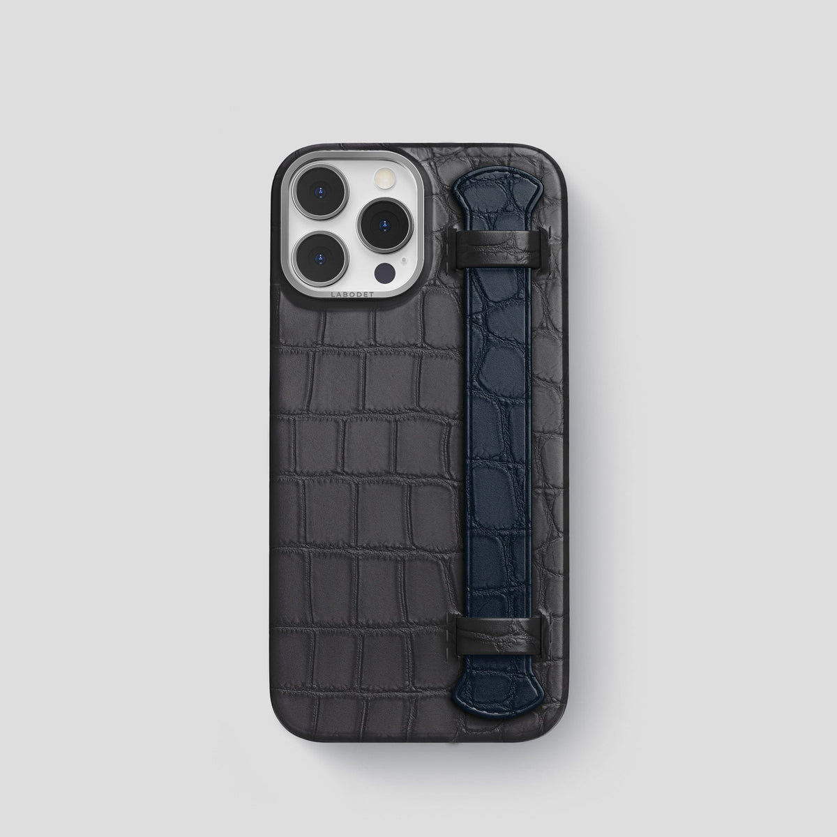 Grey-Navy-Blue iPhone 13 Pro Strap Case Alligator with Steel Metal -1 | Grey-Navy-Blue-Steel
