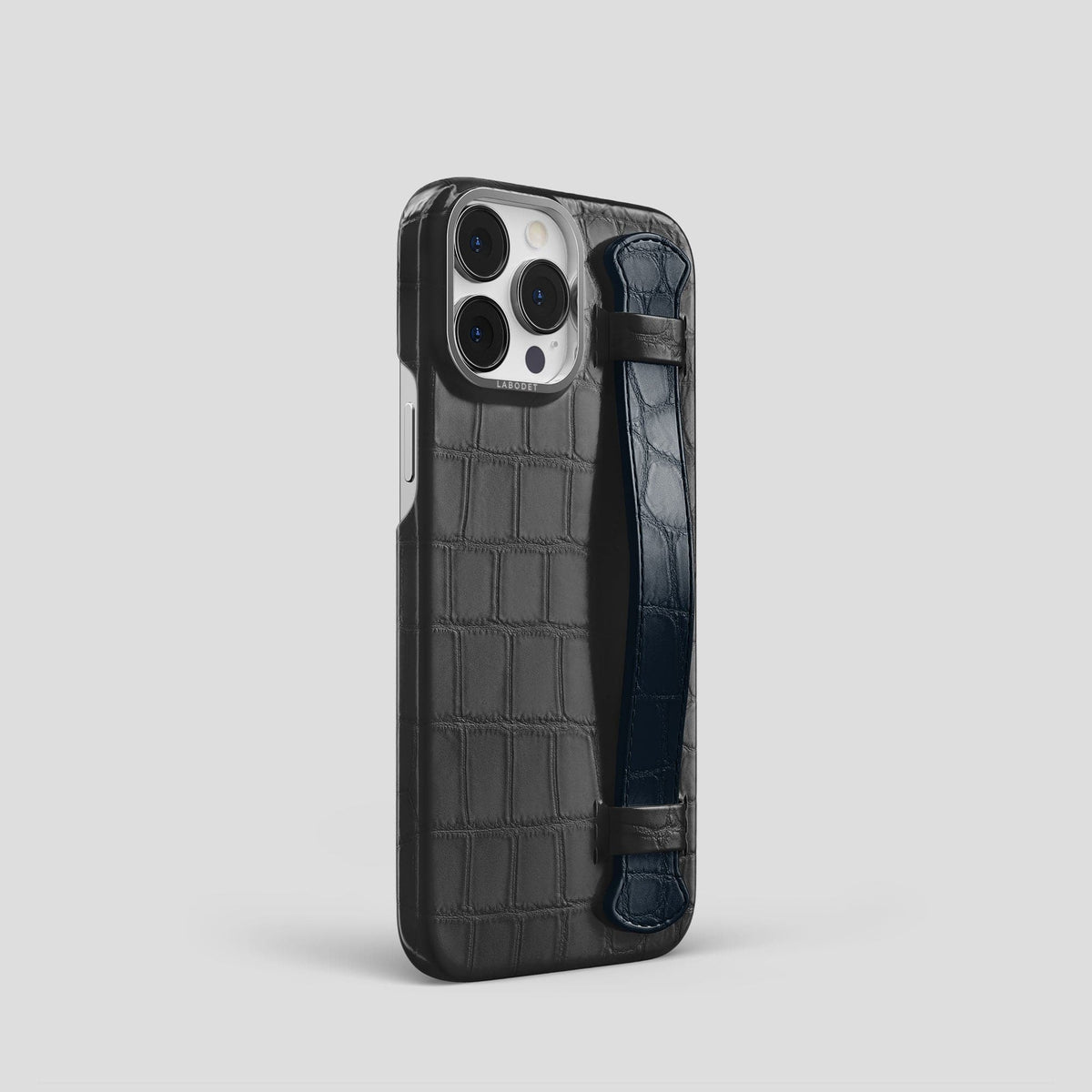 Grey-Navy-Blue iPhone 13 Pro Strap Case Alligator with Steel Metal -2 | Grey-Navy-Blue-Steel