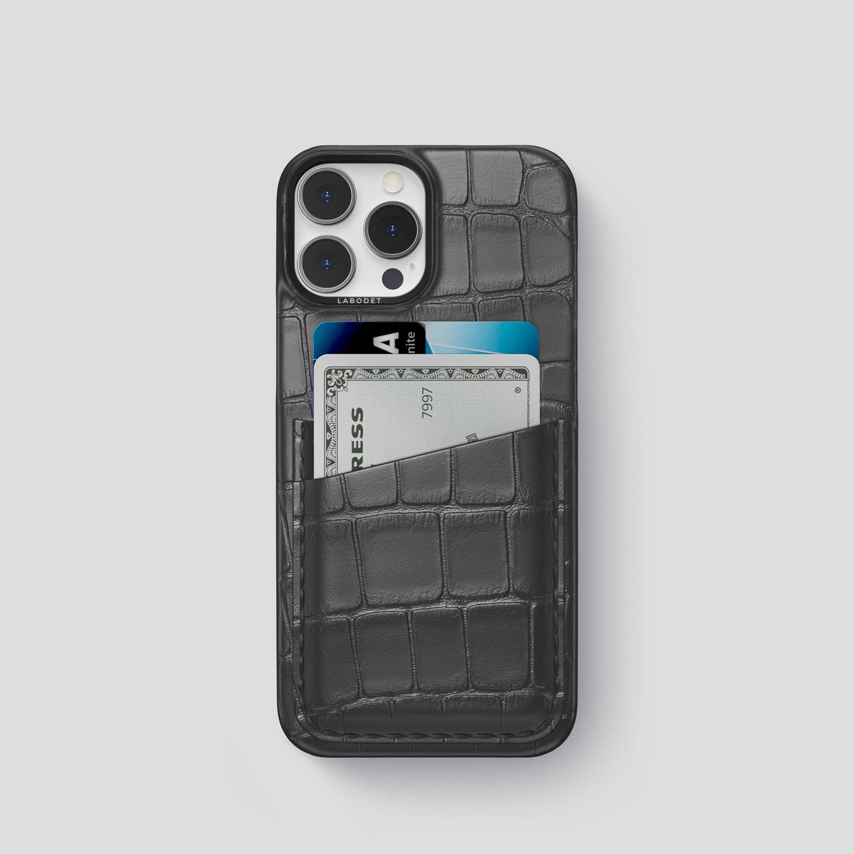 Grey iPhone 13 Pro Card Case Alligator with Black Metal -1 | Grey-Black