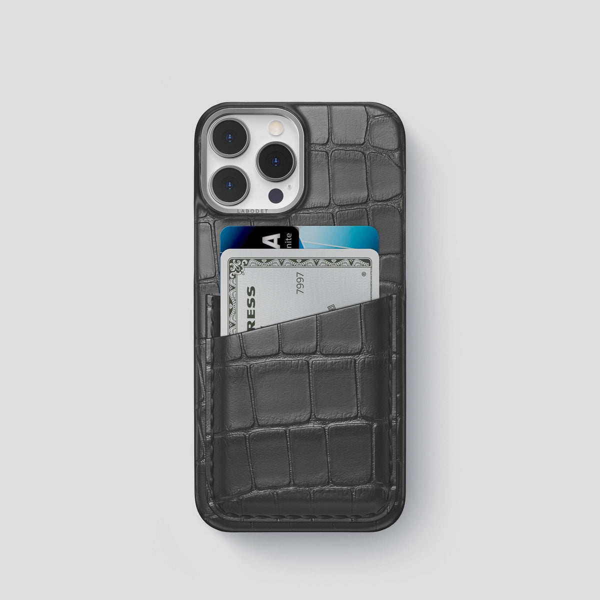 Grey iPhone 13 Pro Card Case Alligator with Steel Metal -1 | Grey-Steel