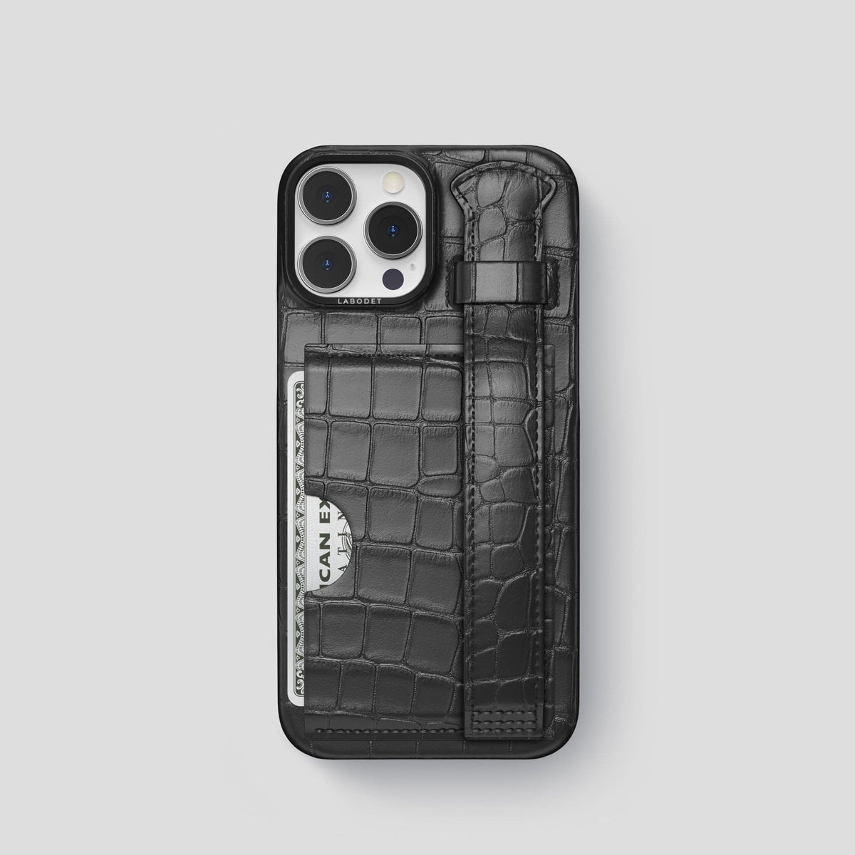 Grey iPhone 13 Pro Cardholder Strap Case Alligator with Black Metal -1 | Grey-Black