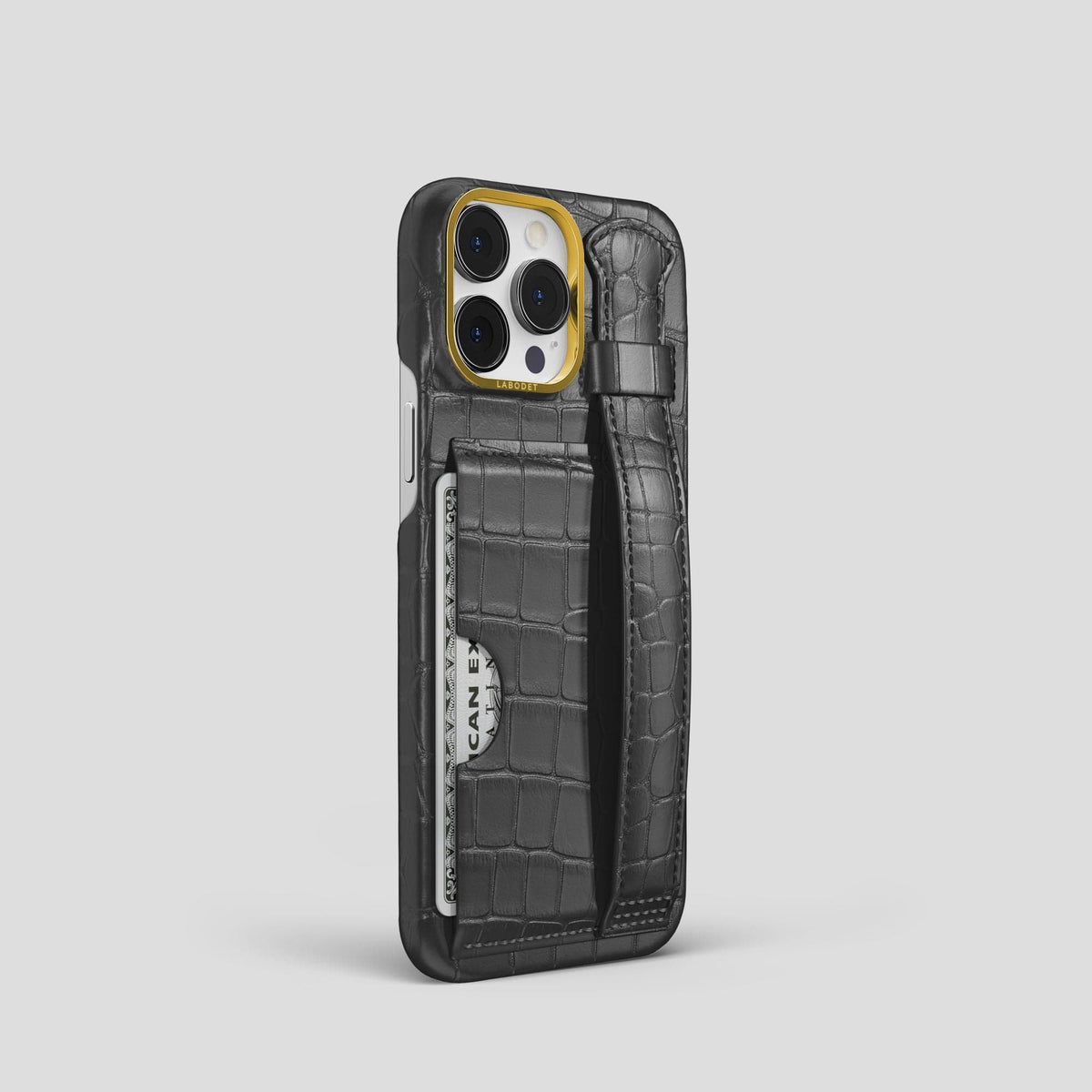 Grey iPhone 13 Pro Cardholder Strap Case Alligator with Gold Metal -2 | Grey-Gold