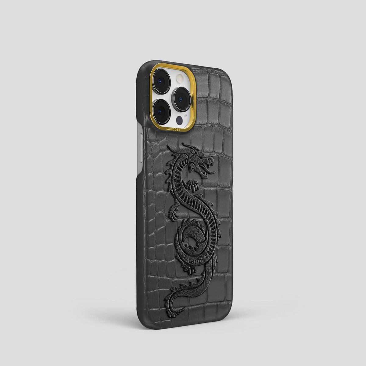 Grey iPhone 13 Pro Classic Case Alligator with Gold Metal -2 | Grey-Gold