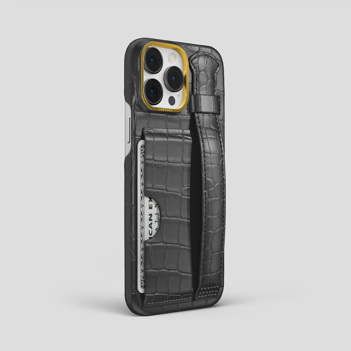 Grey iPhone 13 Pro Max Cardholder Strap Case Alligator with Gold Metal -2 | Grey-Gold