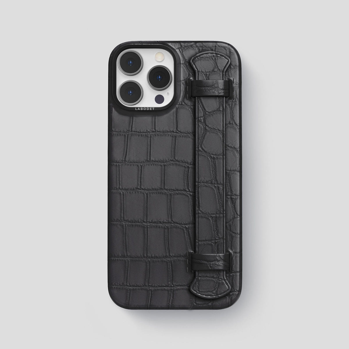 Grey iPhone 13 Pro Max Strap Case Alligator with Black Metal -1 | Grey-Black