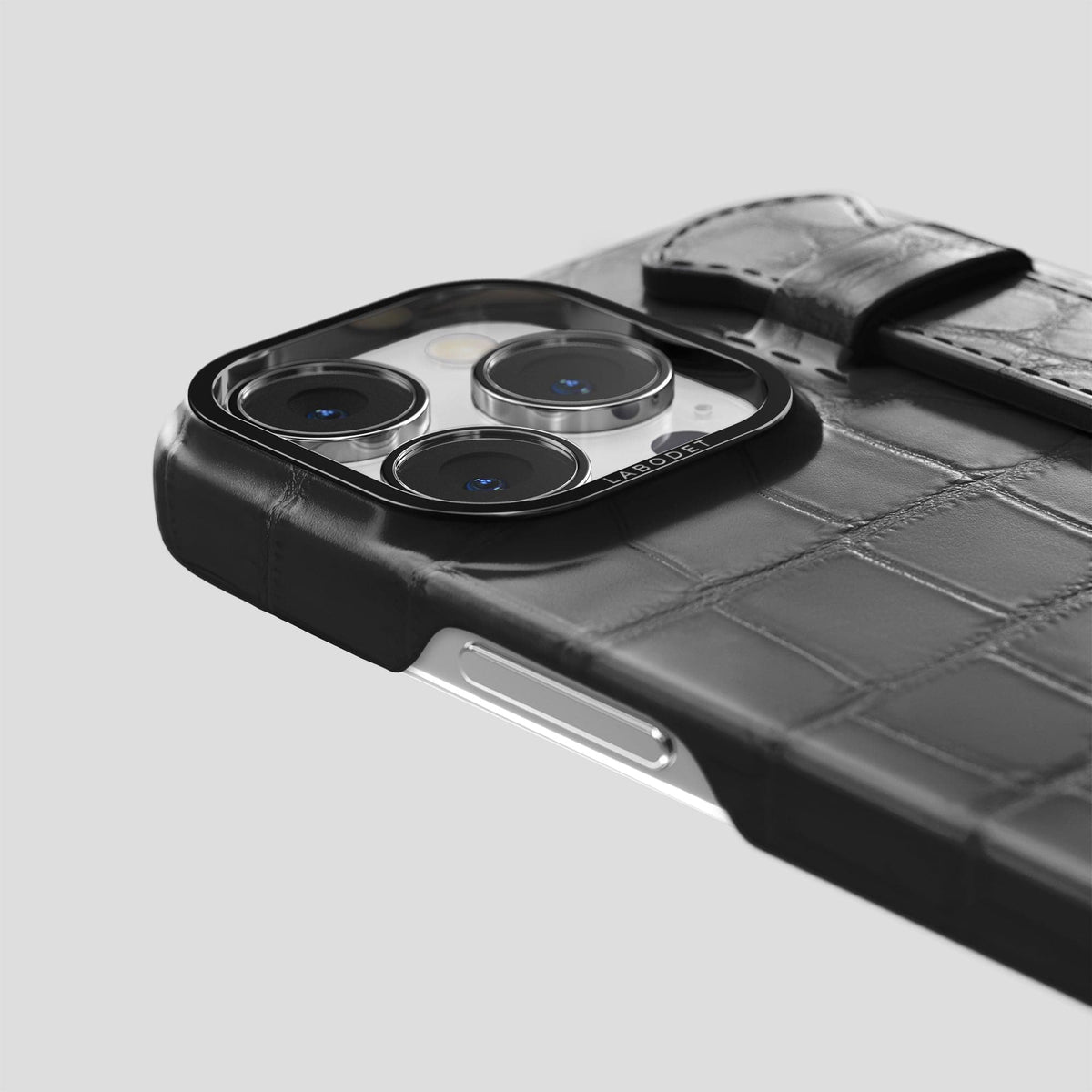 Grey iPhone 13 Pro Max Strap Case Alligator with Black Metal -5 | Grey-Black