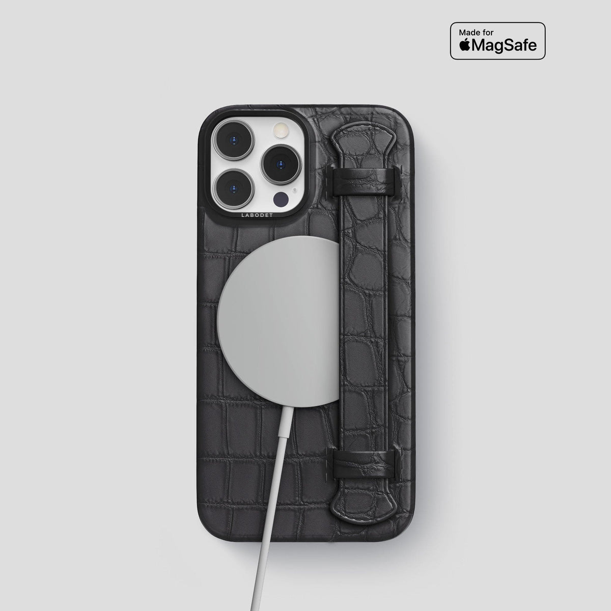 Grey iPhone 13 Pro Strap Case Alligator with Black Metal -4 | Grey-Black