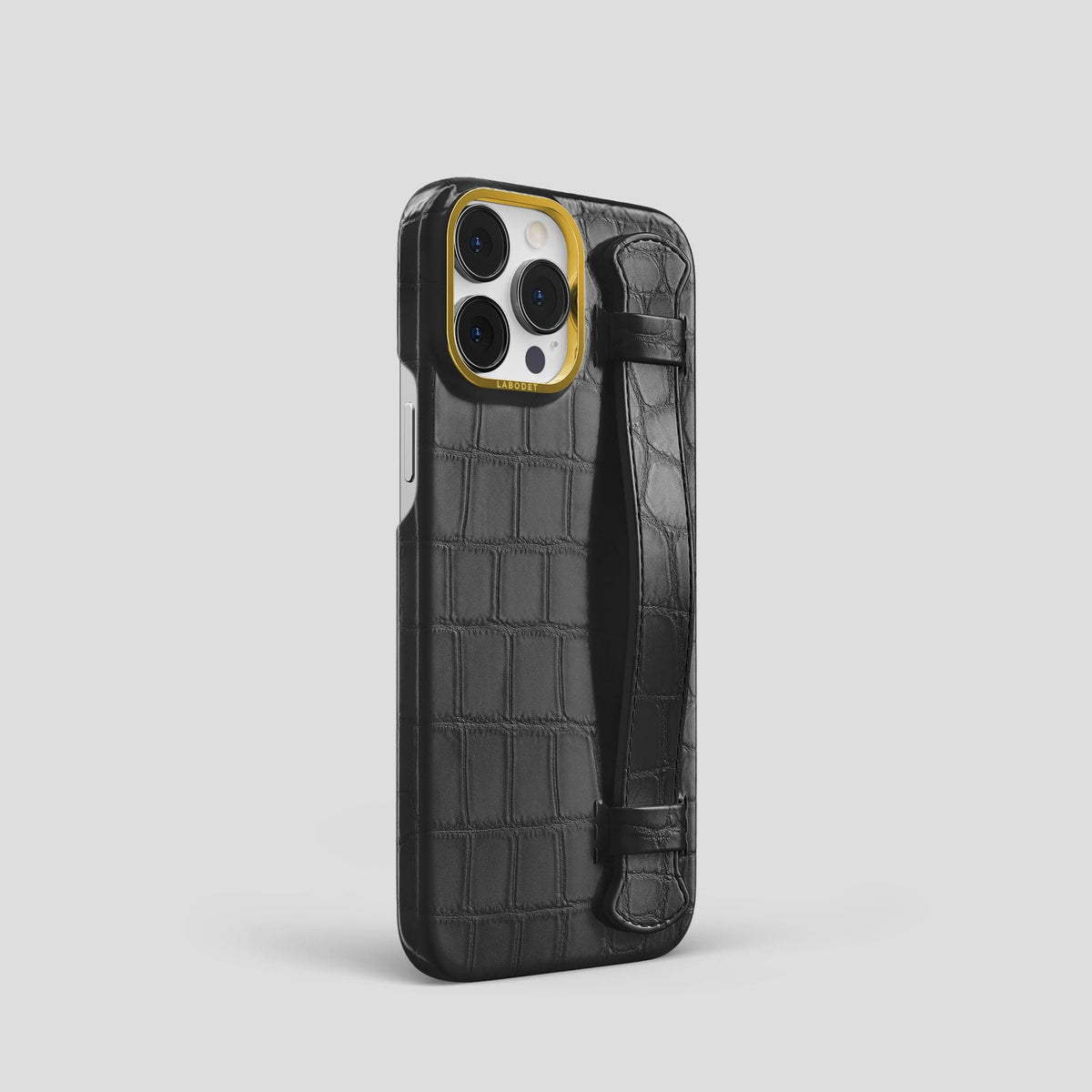 Grey iPhone 13 Pro Strap Case Alligator with Gold Metal -2 | Grey-Gold