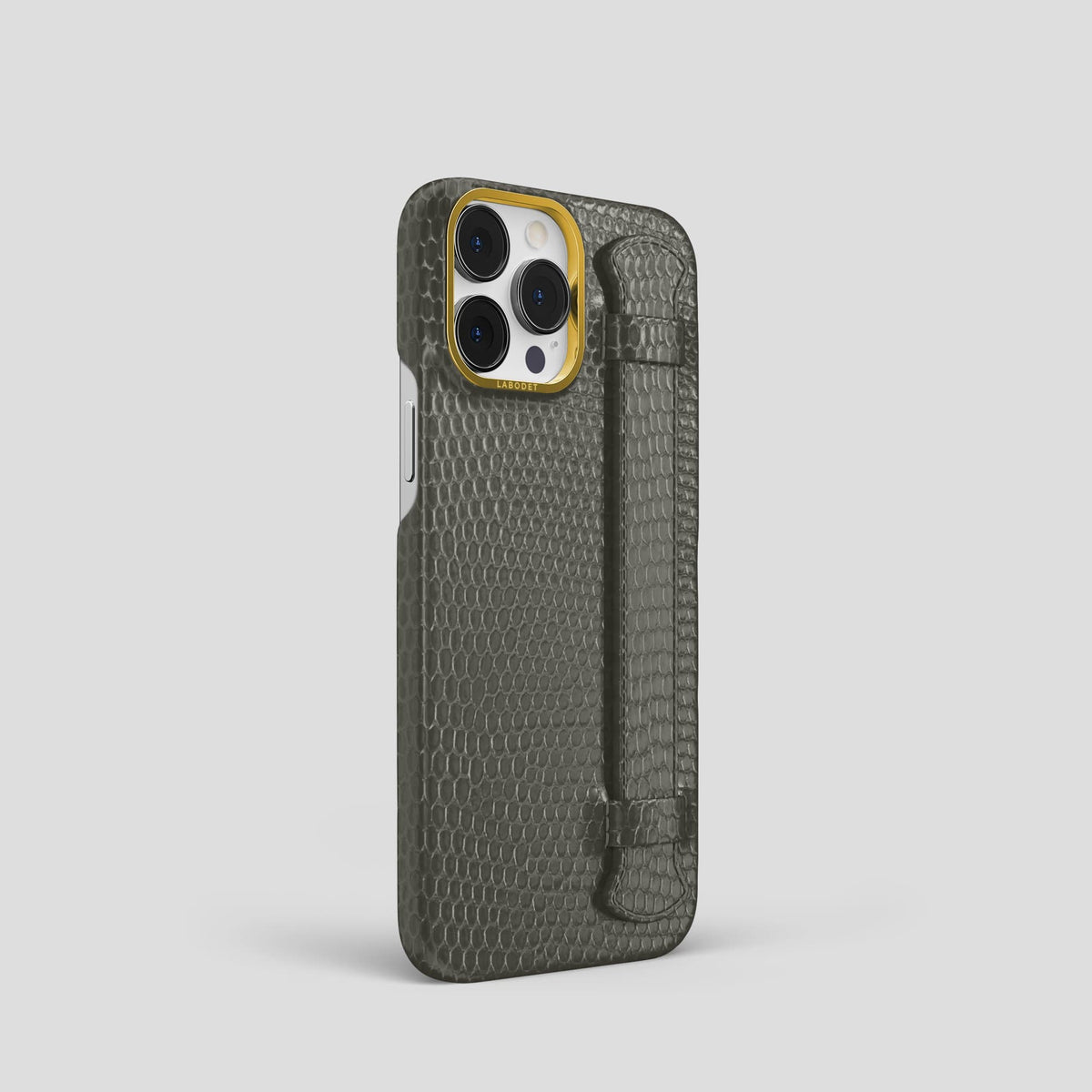 Grey iPhone 13 Pro Strap Case with Gold Metal -2 | Grey-Gold