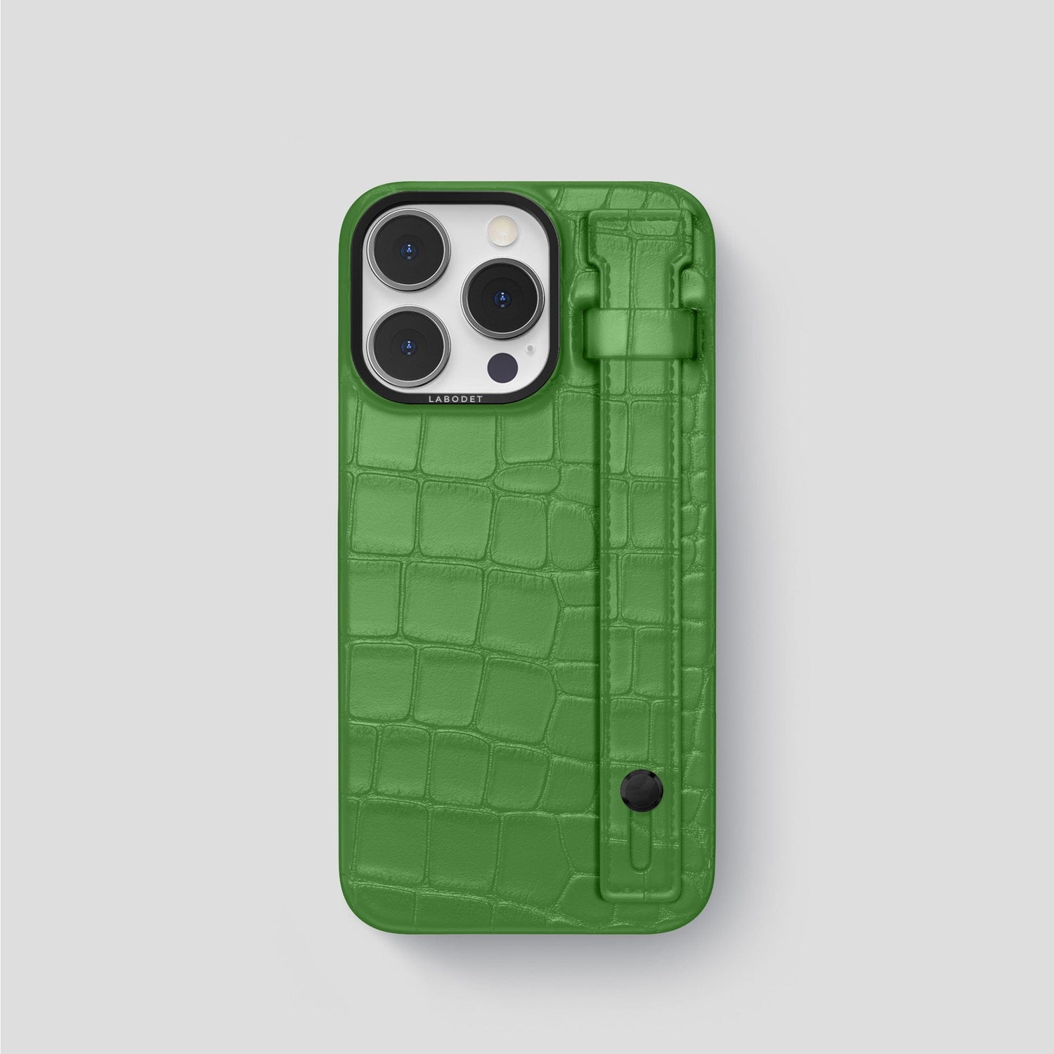 Apple-Green iPhone 14 Pro Hand Strap Case Alligator with Black Metal -1 | Apple-Green-Black