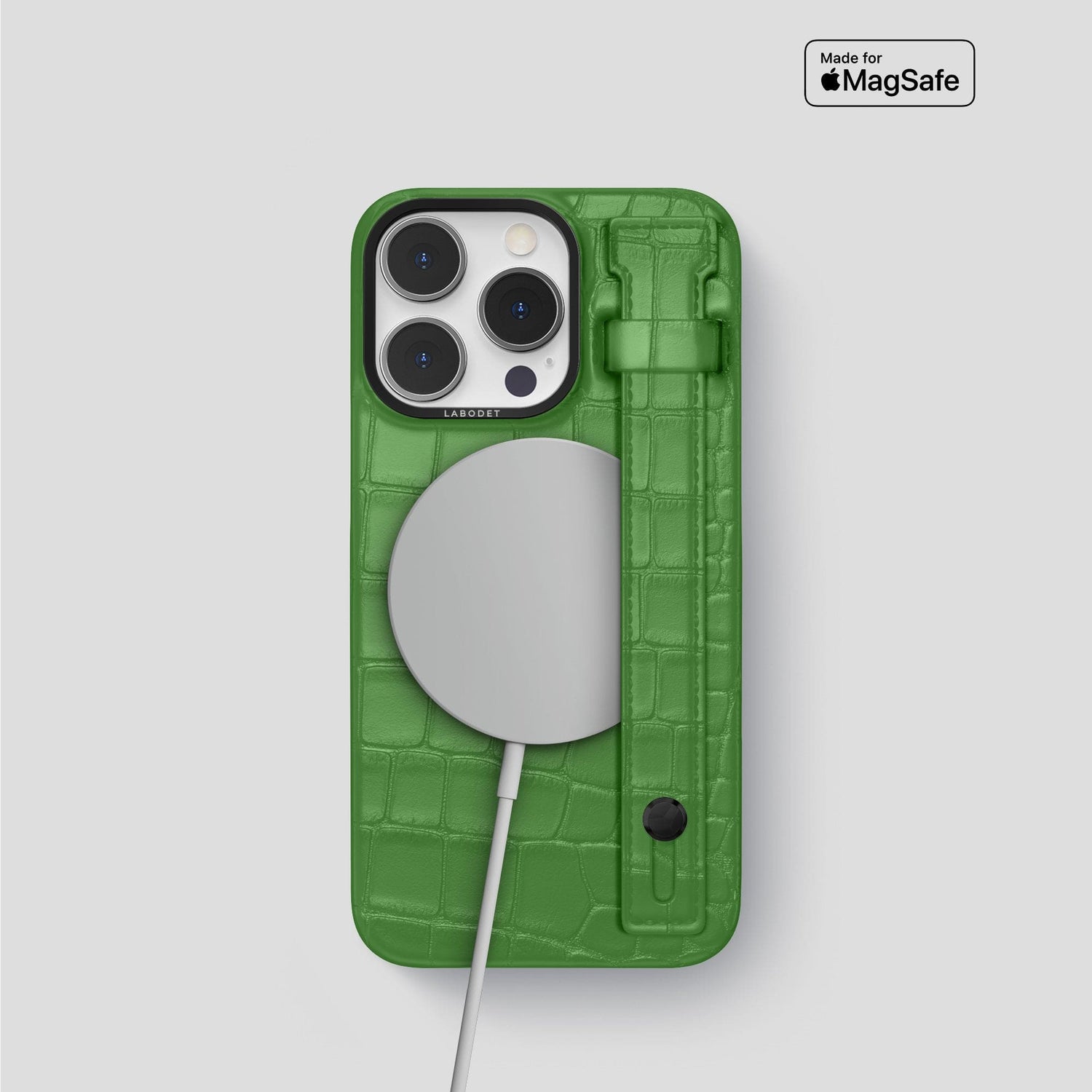Apple-Green iPhone 14 Pro Hand Strap Case Alligator with Black Metal -4 | Apple-Green-Black