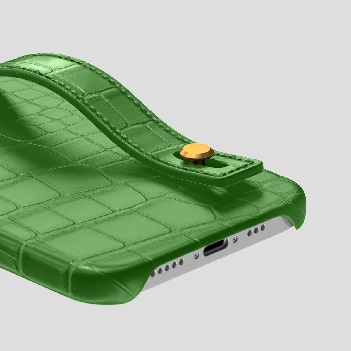 Apple-Green iPhone 14 Pro Hand Strap Case Alligator with Gold Metal -5 | Apple-Green-Gold