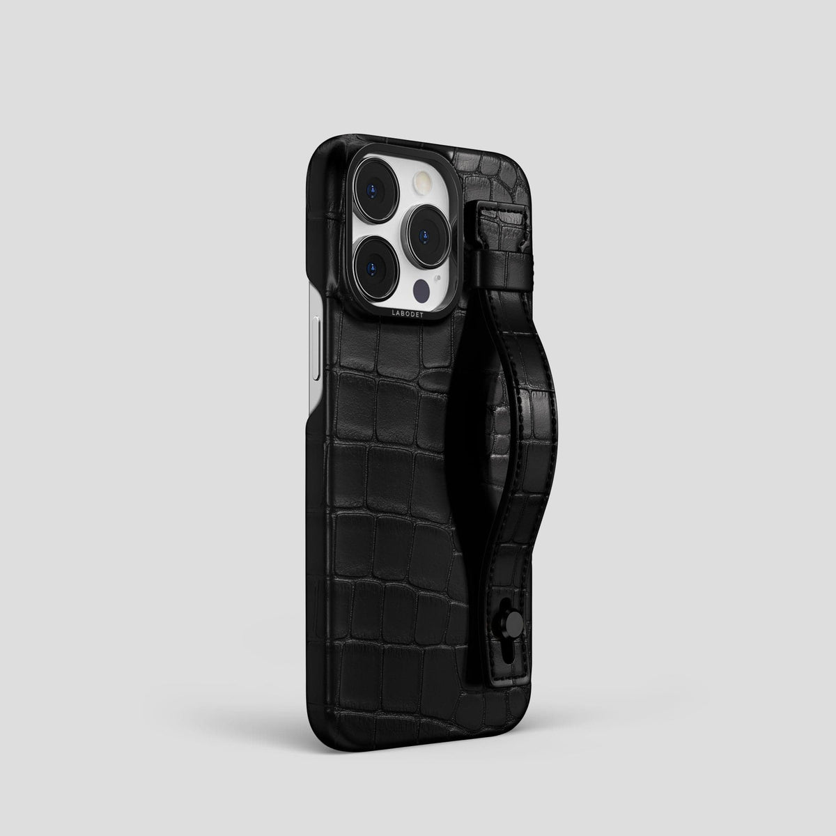 Black iPhone 14 Pro Hand Strap Case Alligator with Black Metal -2 | Black-Black