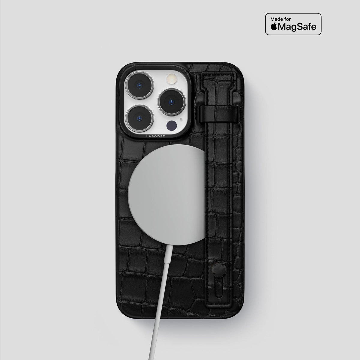Black iPhone 14 Pro Hand Strap Case Alligator with Black Metal -4 | Black-Black