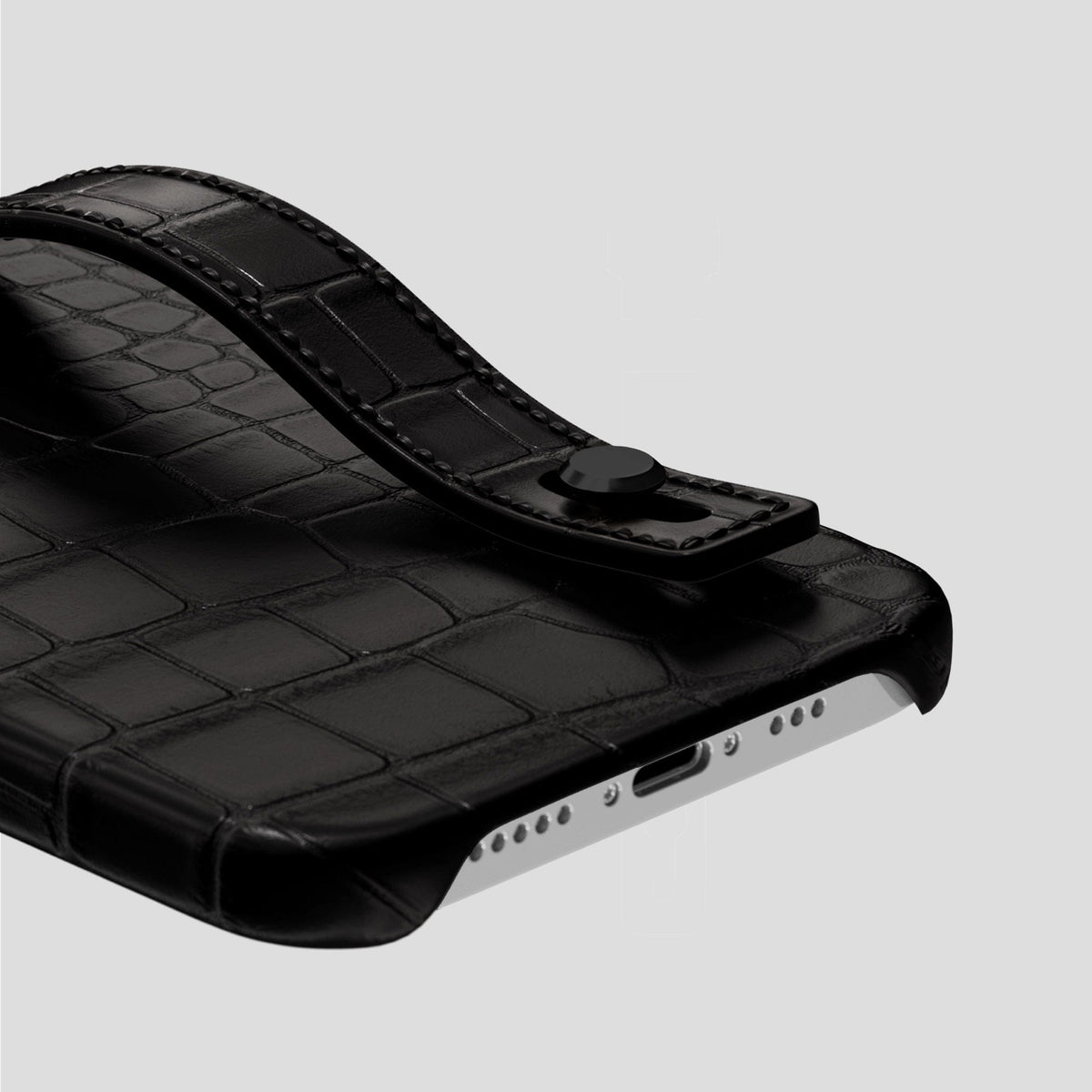 Black iPhone 14 Pro Hand Strap Case Alligator with Black Metal -5 | Black-Black