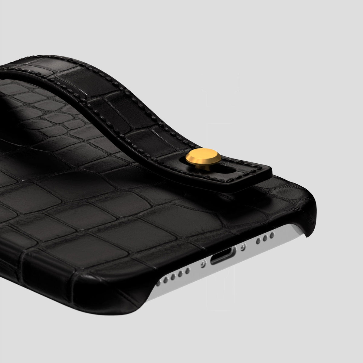 Black iPhone 14 Pro Hand Strap Case Alligator with Gold Metal -5 | Black-Gold