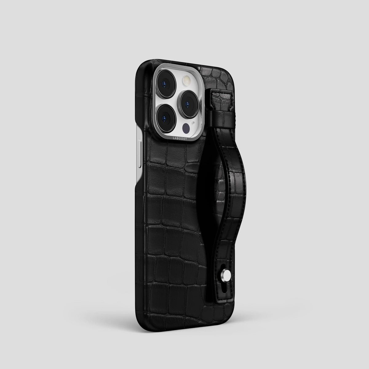 Black iPhone 14 Pro Hand Strap Case Alligator with Steel Metal -2 | Black-Steel