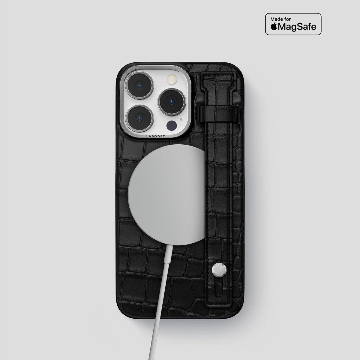Black iPhone 14 Pro Hand Strap Case Alligator with Steel Metal -4 | Black-Steel