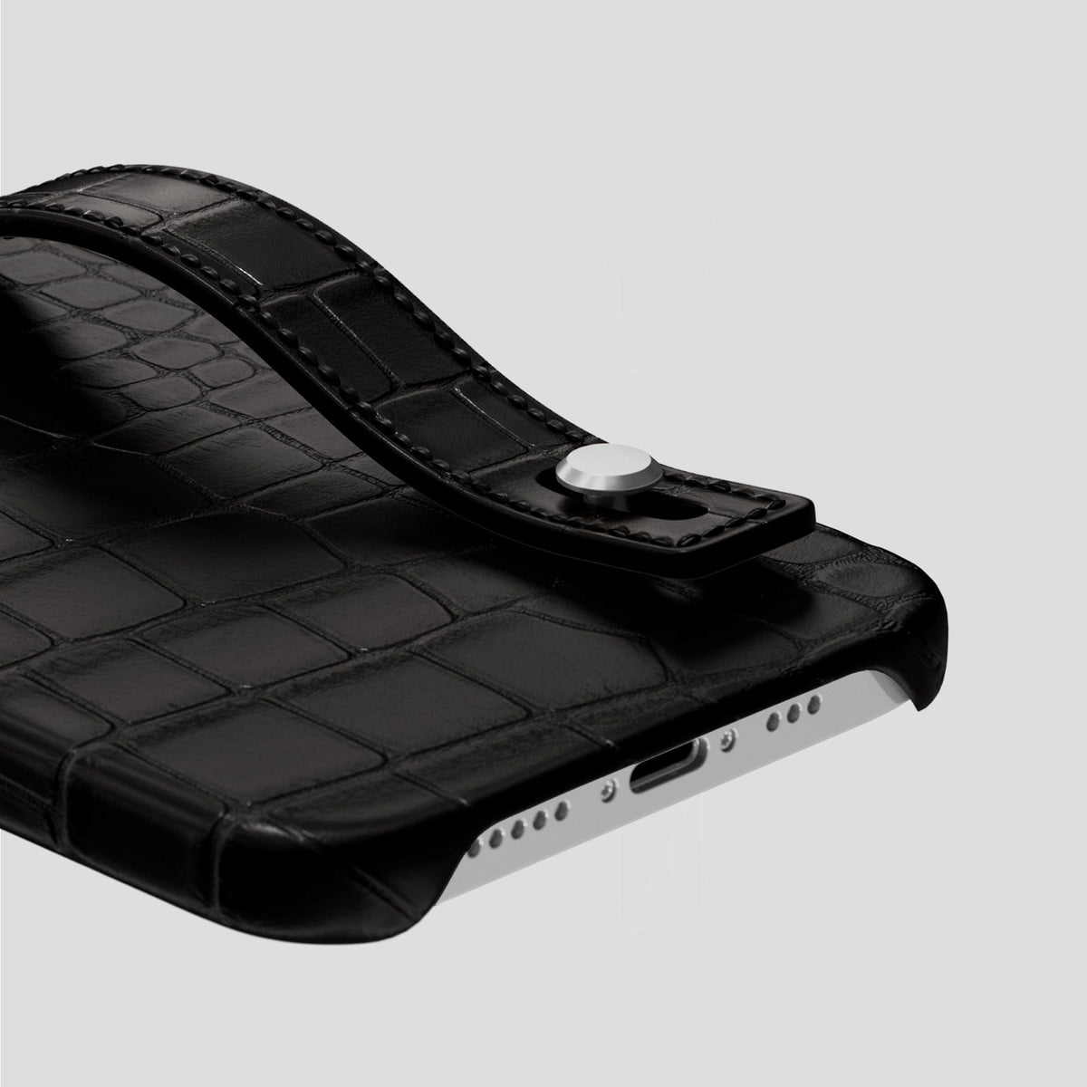 Black iPhone 14 Pro Hand Strap Case Alligator with Steel Metal -5 | Black-Steel