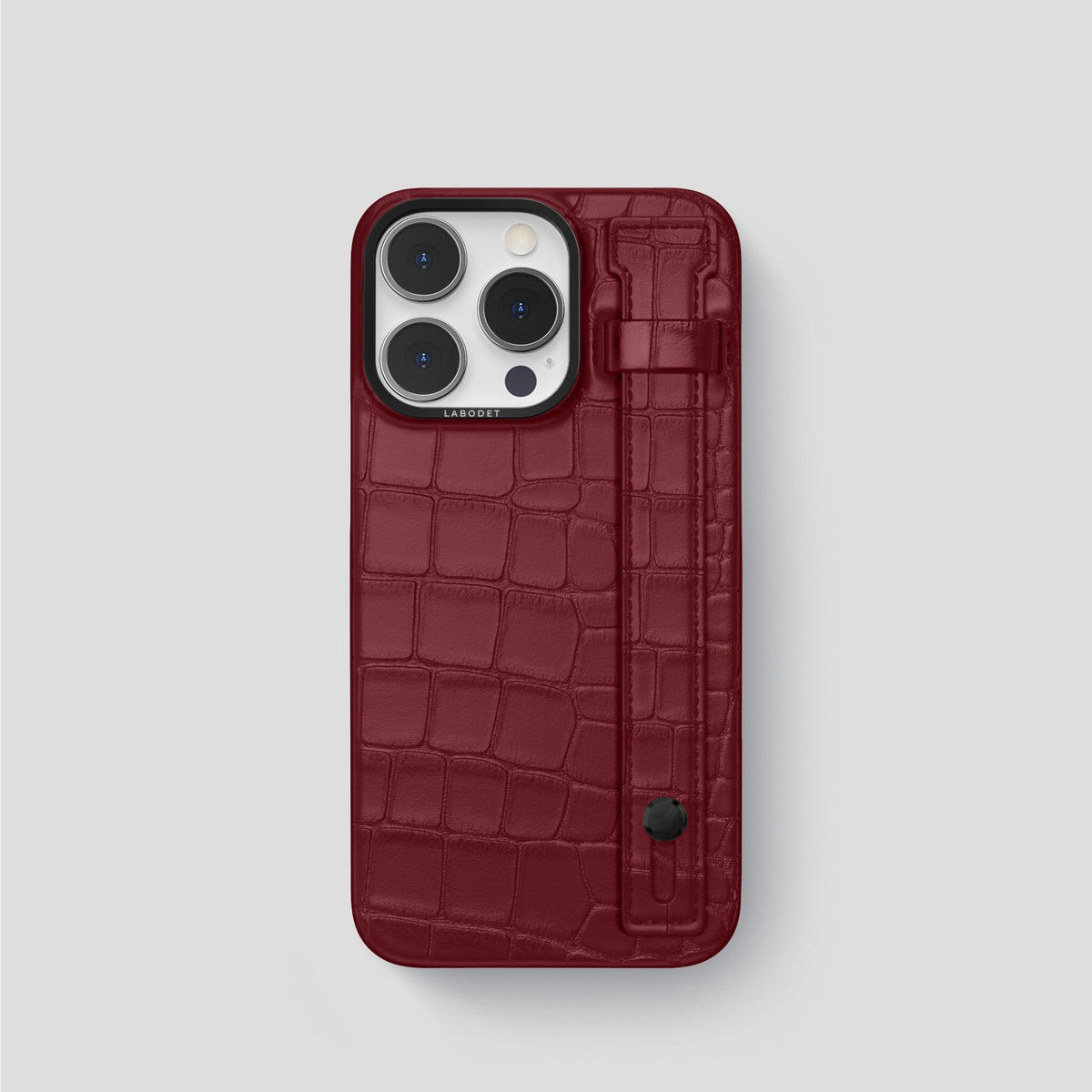 Burgundy iPhone 14 Pro Hand Strap Case Alligator with Black Metal -1 | Burgundy-Black