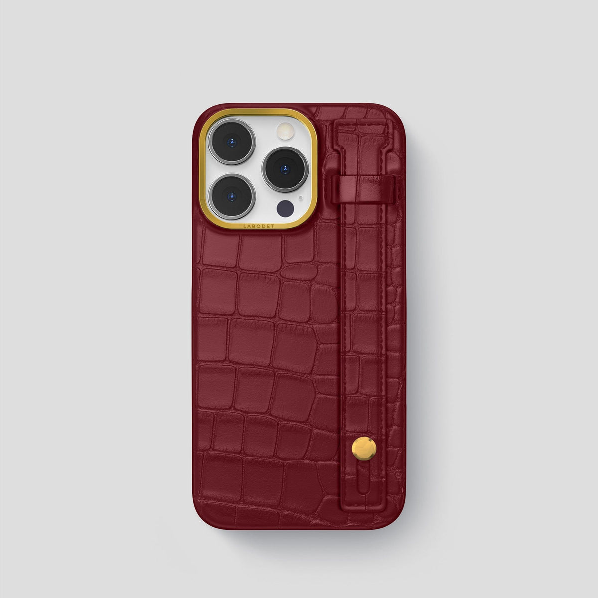 Burgundy iPhone 14 Pro Hand Strap Case Alligator with Gold Metal -1 | Burgundy-Gold