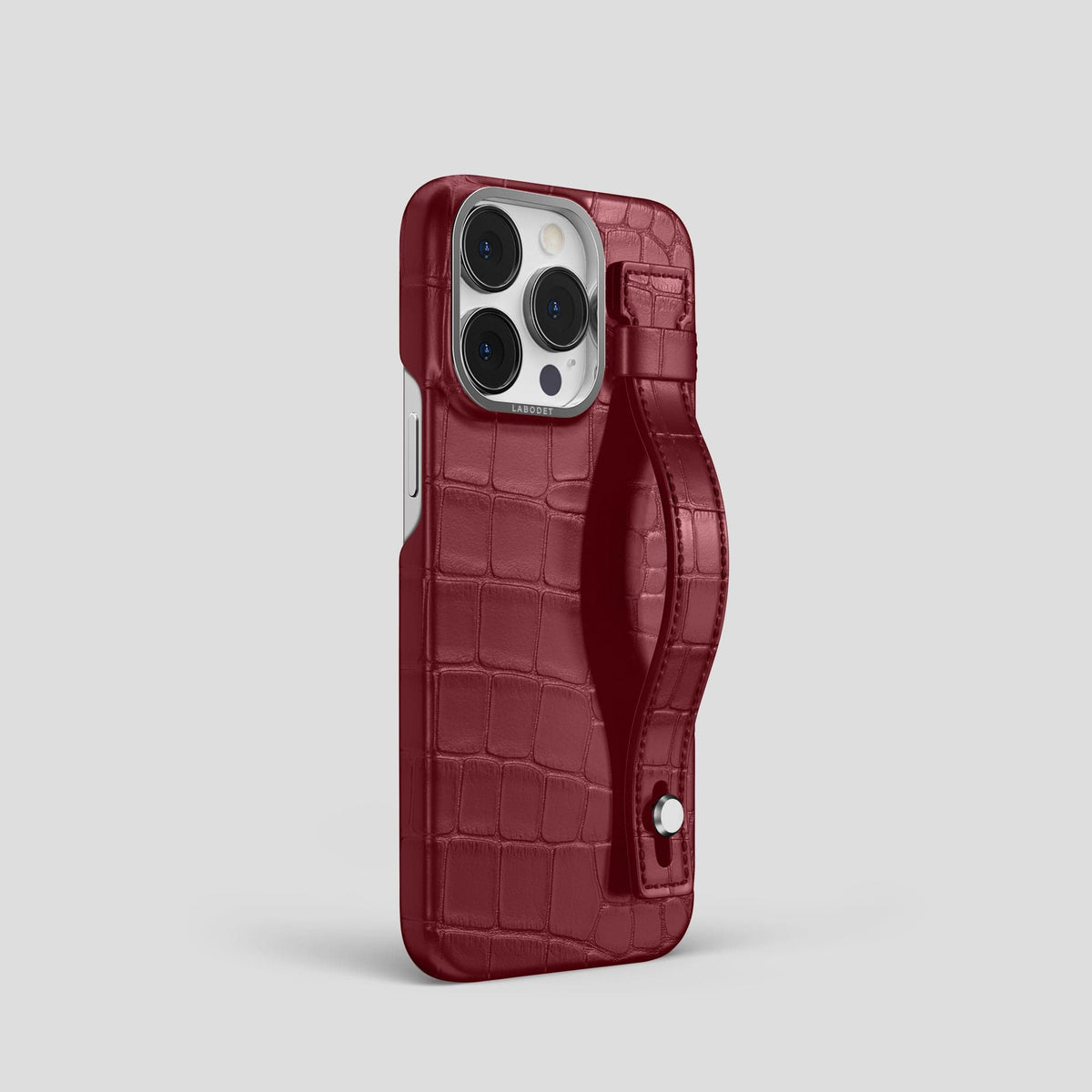 Burgundy iPhone 14 Pro Hand Strap Case Alligator with Steel Metal -2 | Burgundy-Steel