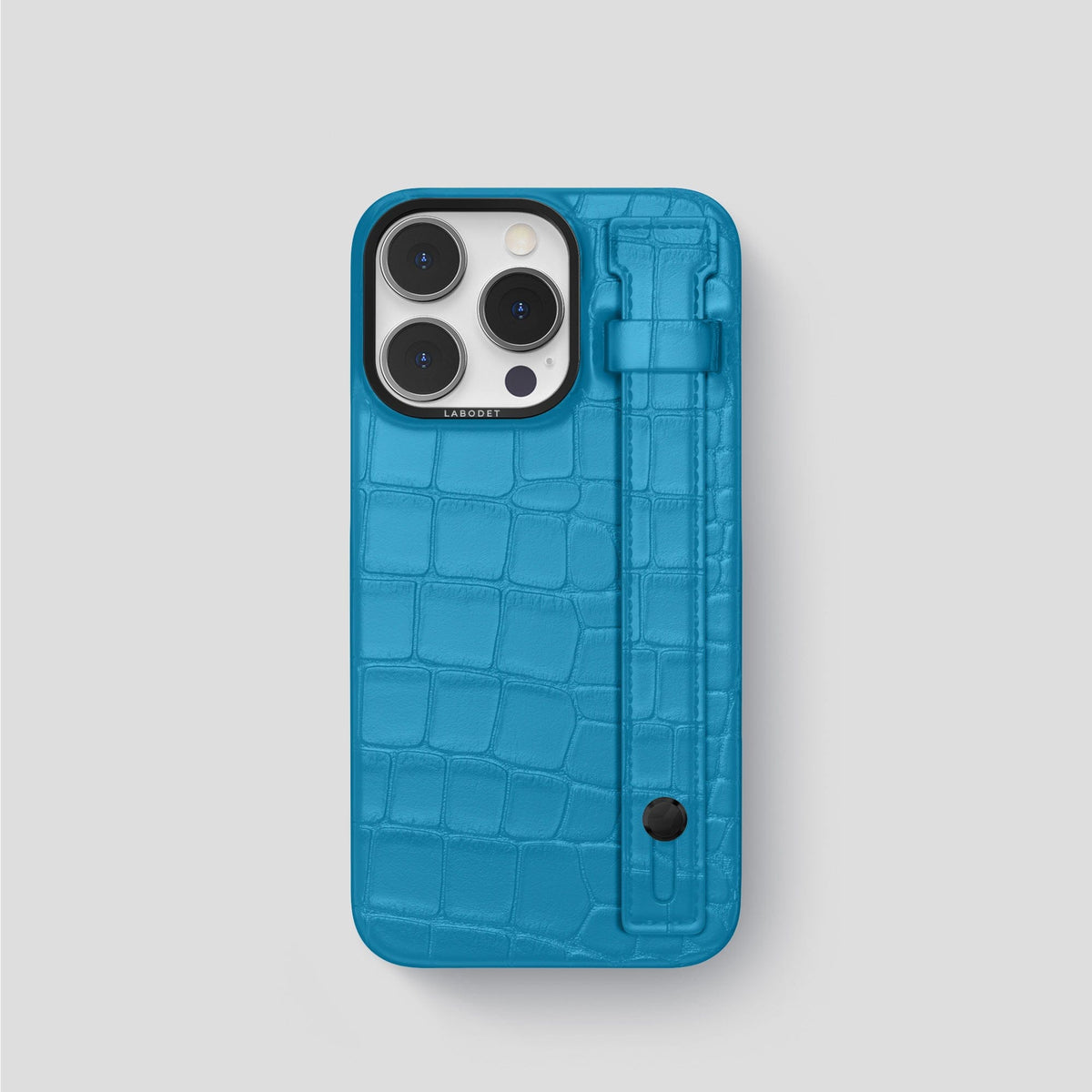 Curaçao-Blue iPhone 14 Pro Hand Strap Case Alligator with Black Metal -1 | Curaçao-Blue-Black