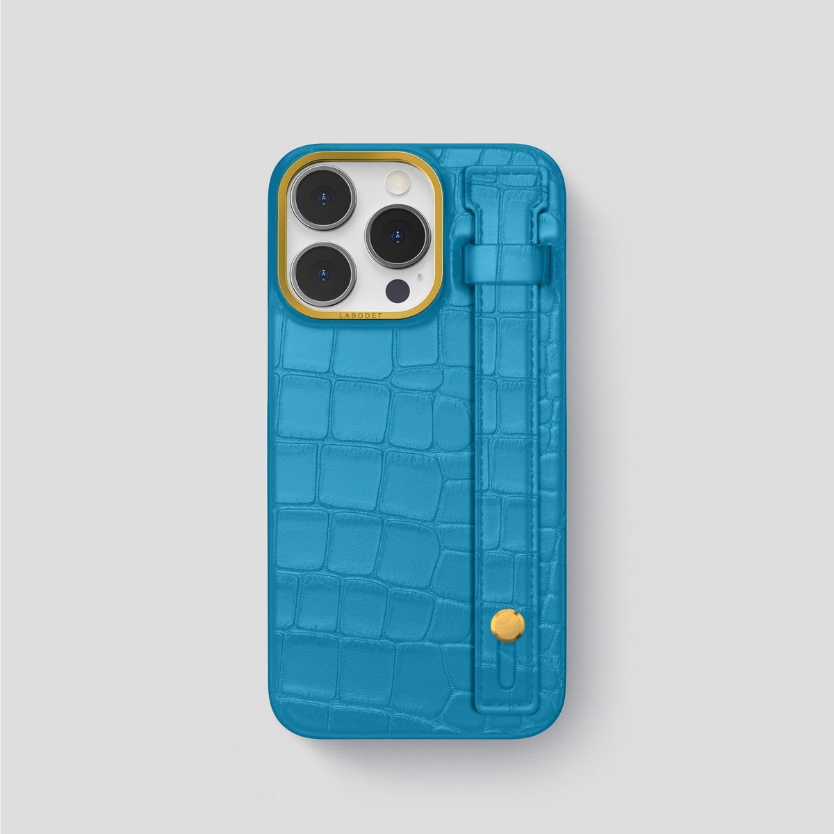 Curaçao-Blue iPhone 14 Pro Hand Strap Case Alligator with Gold Metal -1 | Curaçao-Blue-Gold